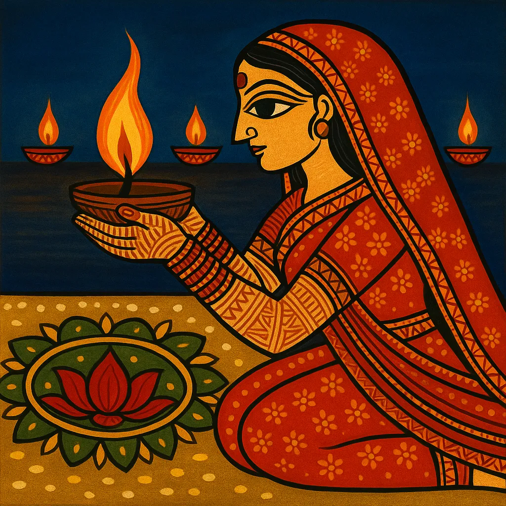 Indian woman lighting Diya in the evening