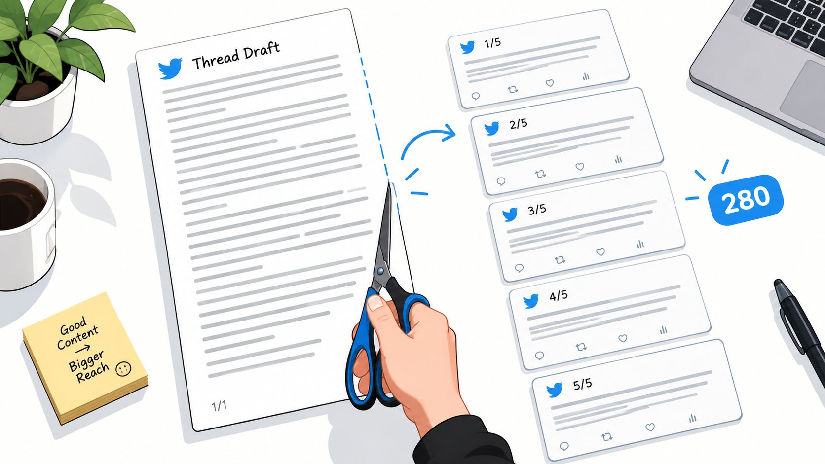 A hand uses scissors to cut a long Twitter thread draft into five separate social media posts.