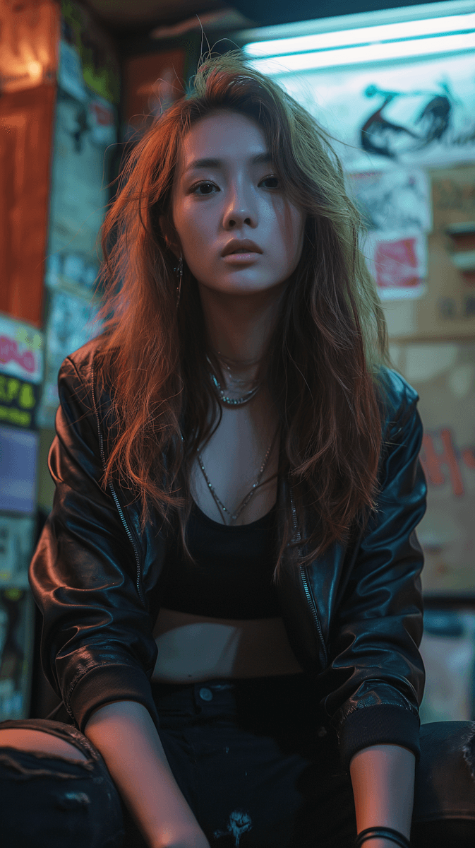 Portrait of a woman with long wavy hair wearing a leather jacket in a cool-toned, indoor setting.