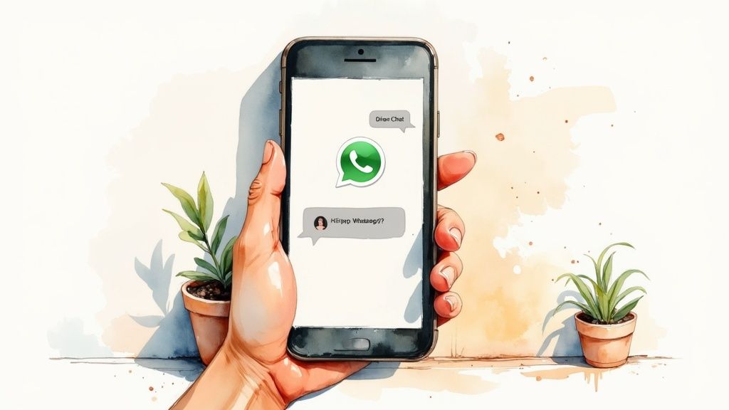 Main tenant un smartphone affichant l'application WhatsApp avec l'icône de chat direct sur l'écran