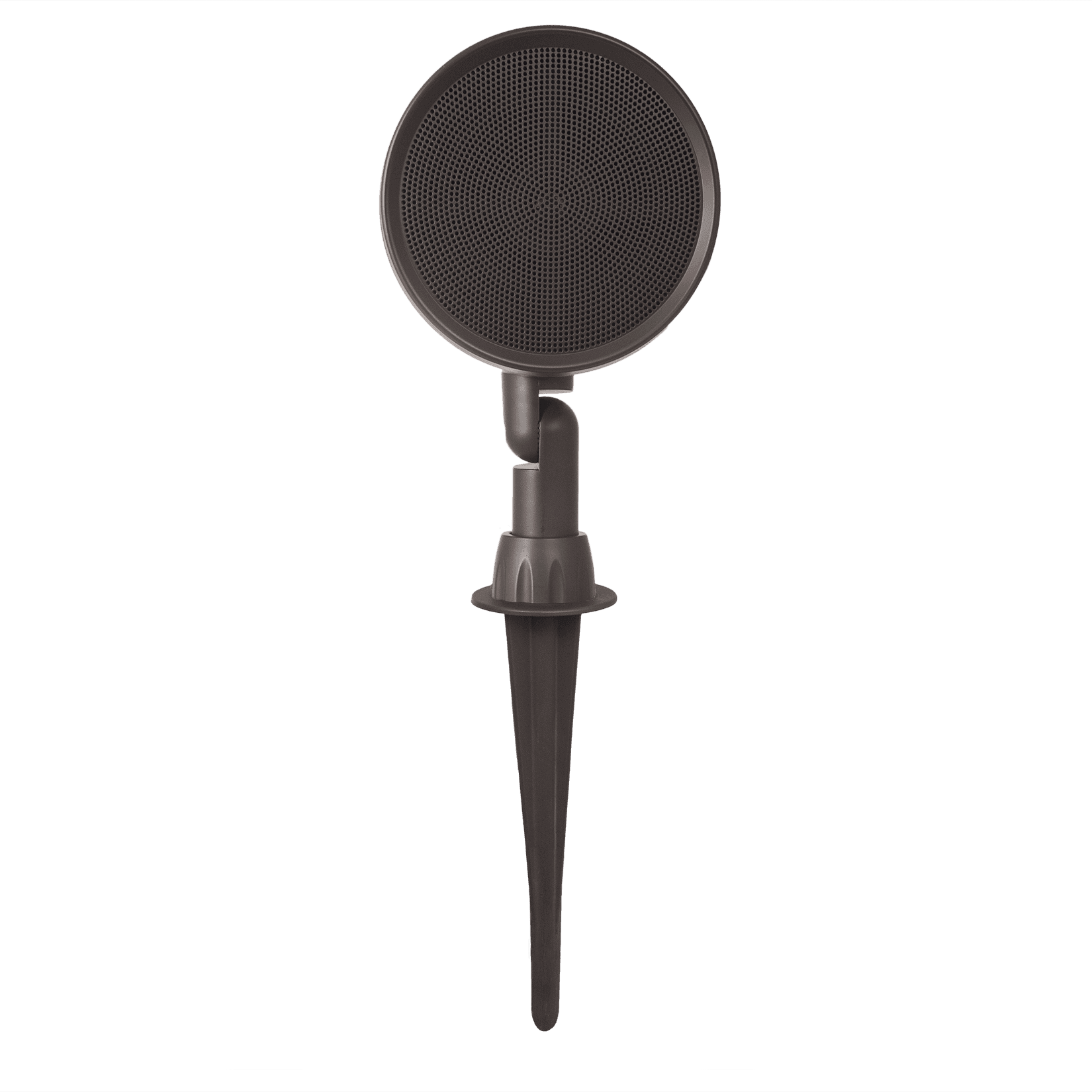 Dark grey outdoor speaker on a stake