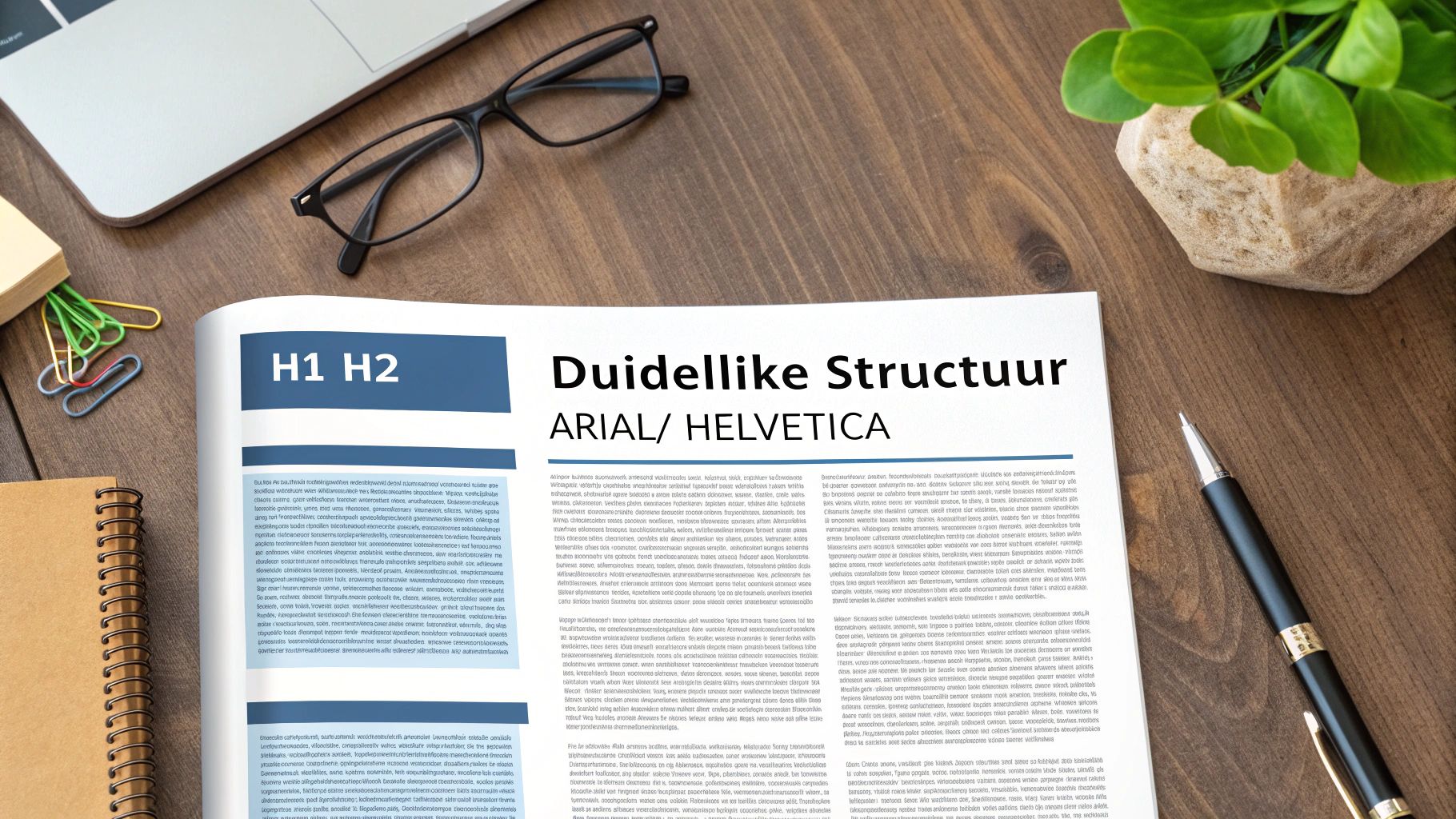 Open document met 'H1 H2' en 'Duidellijke Structuur' op een houten bureau, met bril en pen.