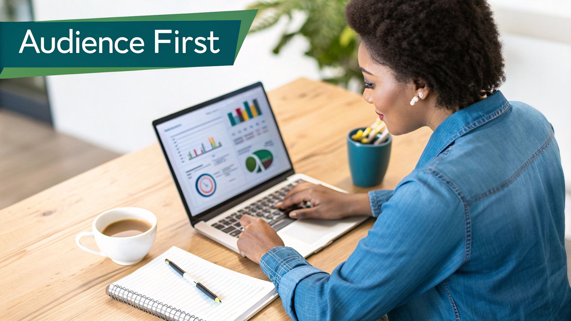 A woman works on a laptop displaying data charts, emphasizing 'Audience First'.