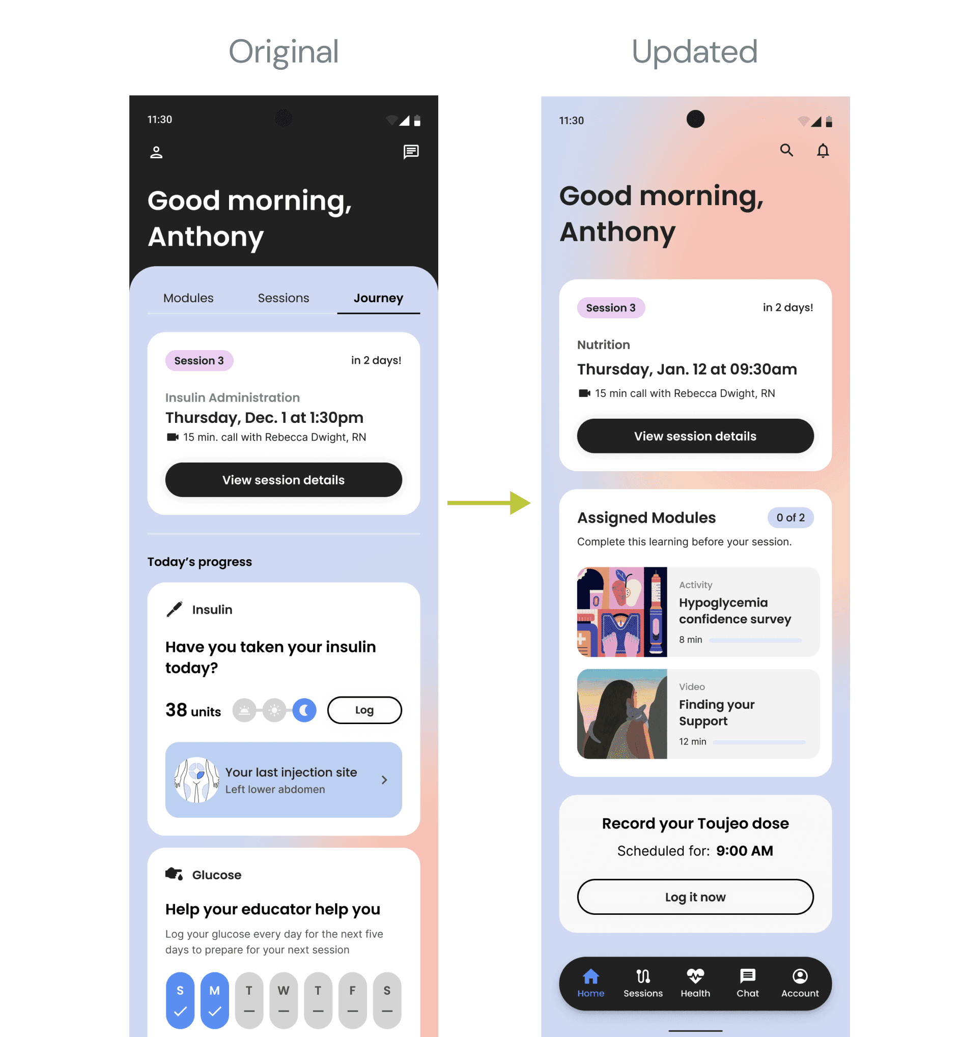 Two side-by-side mobile app screenshots compare the original and updated designs. The updated version is cleaner, with a gradient background, improved layout, and detailed session and module information.