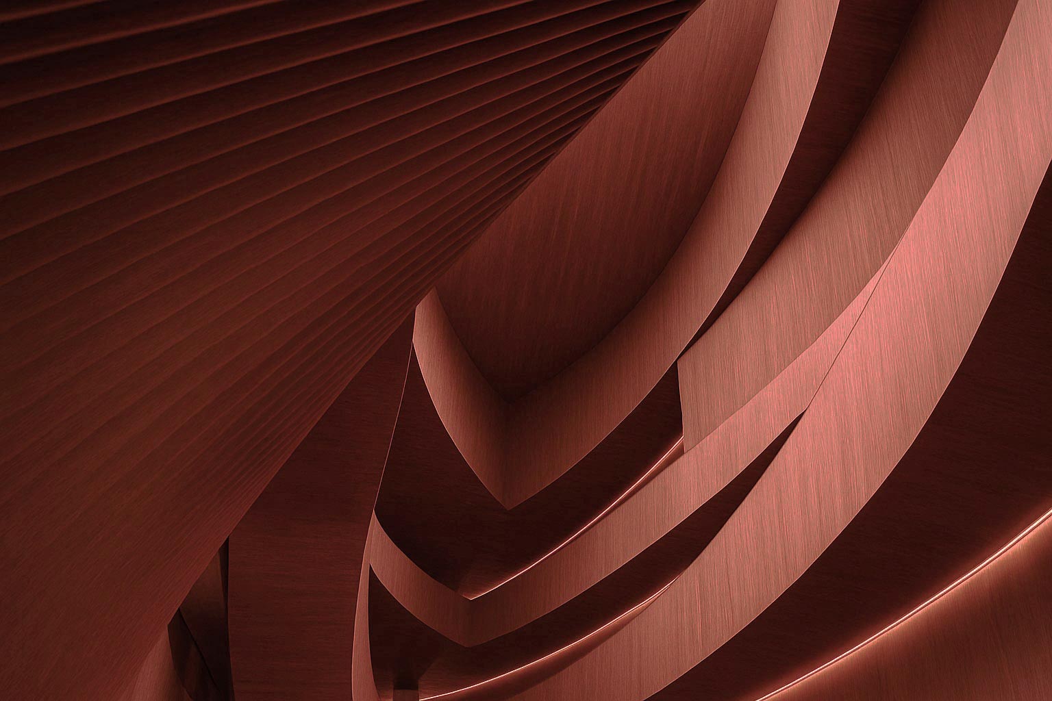Atrium with sweeping curved wooden balconies, slatted surfaces, and overhead skylight.