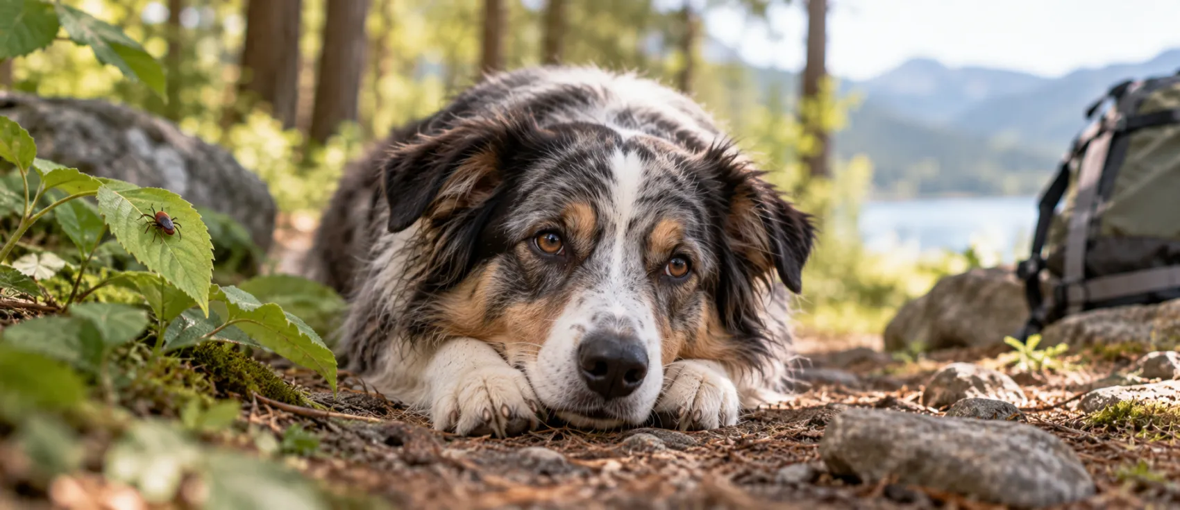A dog rests outdoors near a tick perched on a leaf, the insect that spreads Lyme disease.