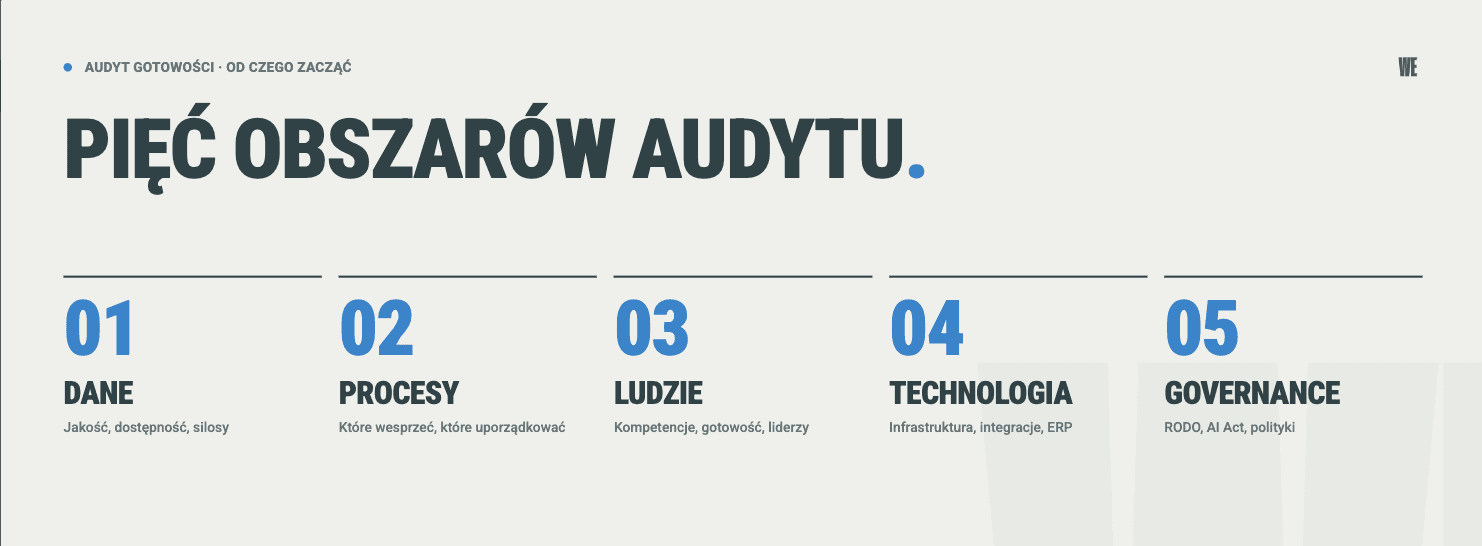 Piec obszarow audytu gotowosci AI przed transformacja: dane, procesy, ludzie, technologia i governance