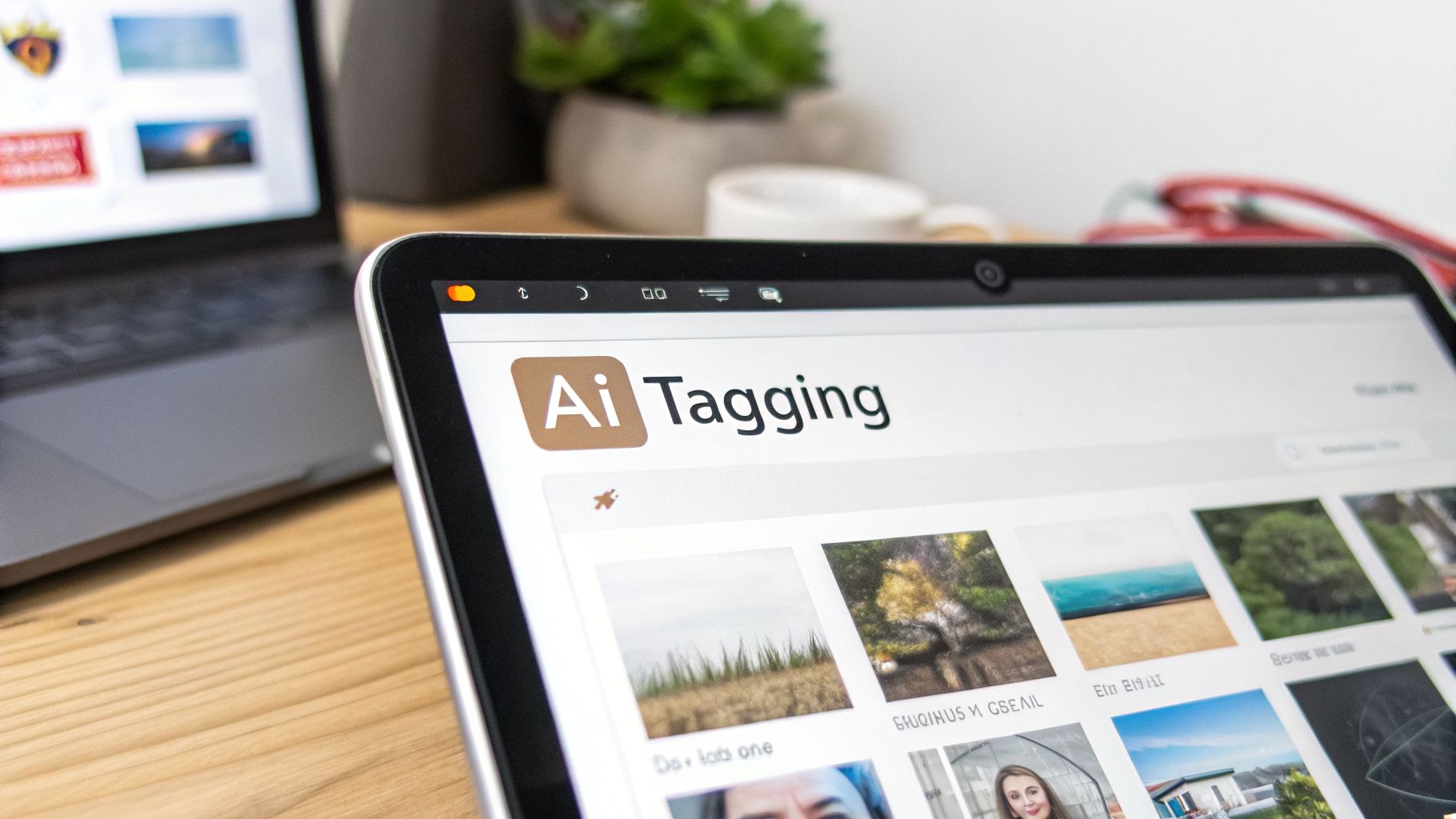 A tablet screen displays 'Ai Tagging' with image thumbnails, next to a laptop.