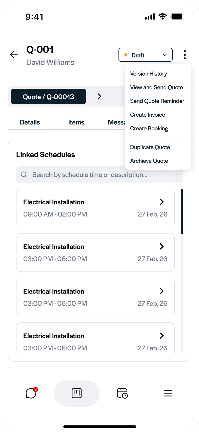 Quote actions menu with Create Invoice in FieldHive