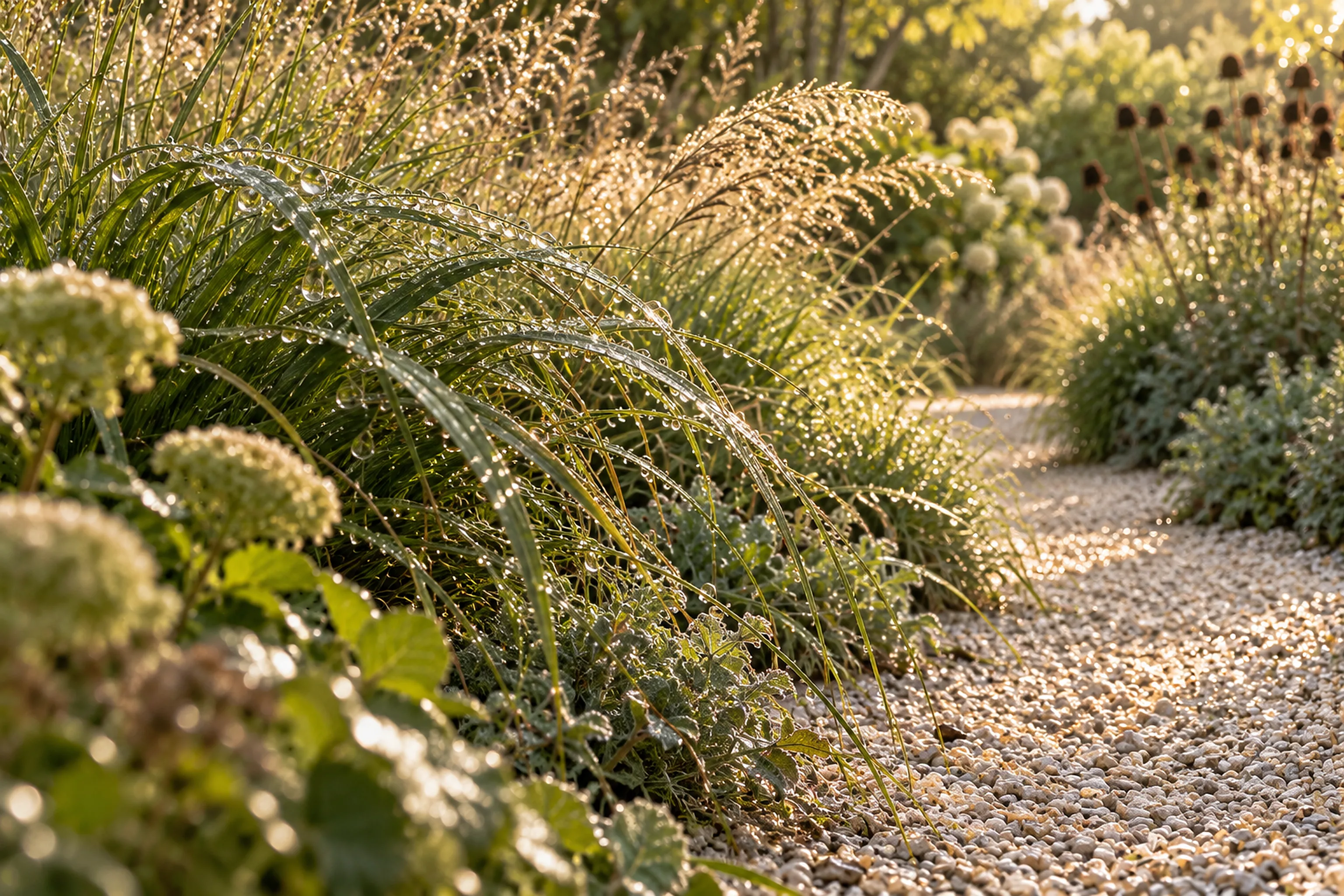 A gravel path edged with soft grasses and pale flower heads.