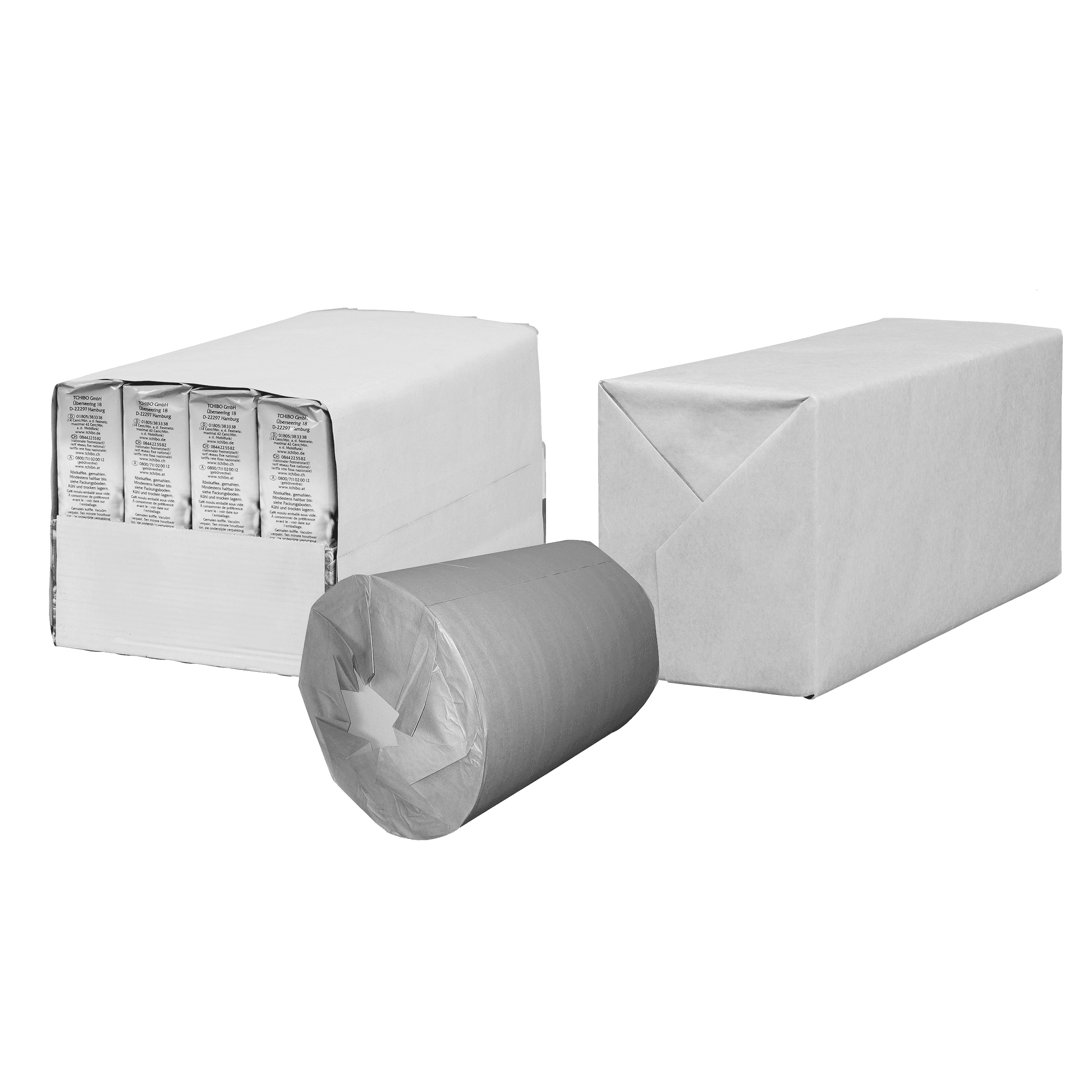 White packaging and paper rolls, various sizes. For food packaging and recycling.