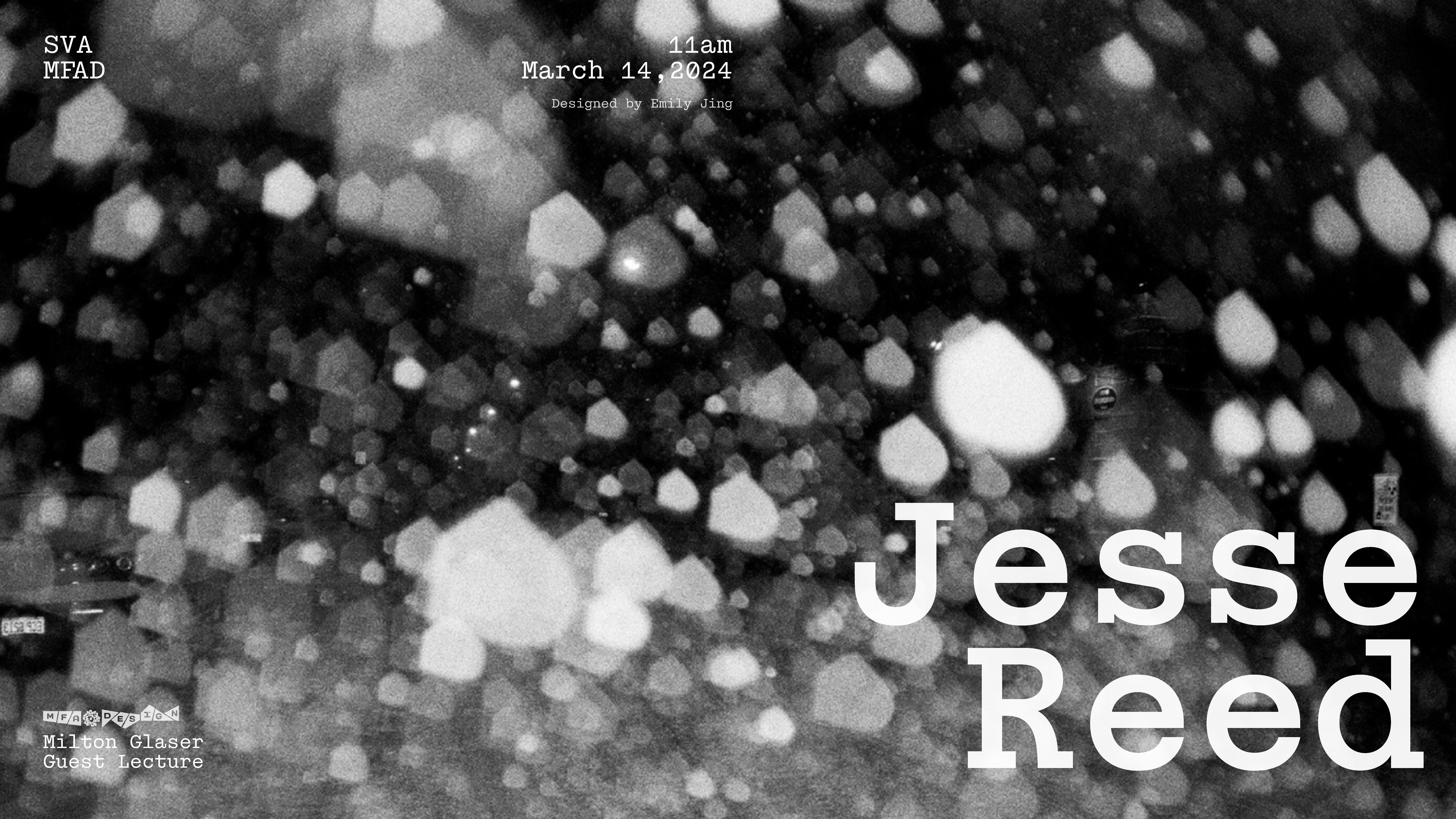 Black and white announcement poster for Jesse Reed, guest lecturer