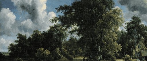 A lush forest landscape under a dramatic sky with large, billowing clouds and several birds flying. A path winds through the trees, and in the distance, a small cottage with a thatched roof is visible.