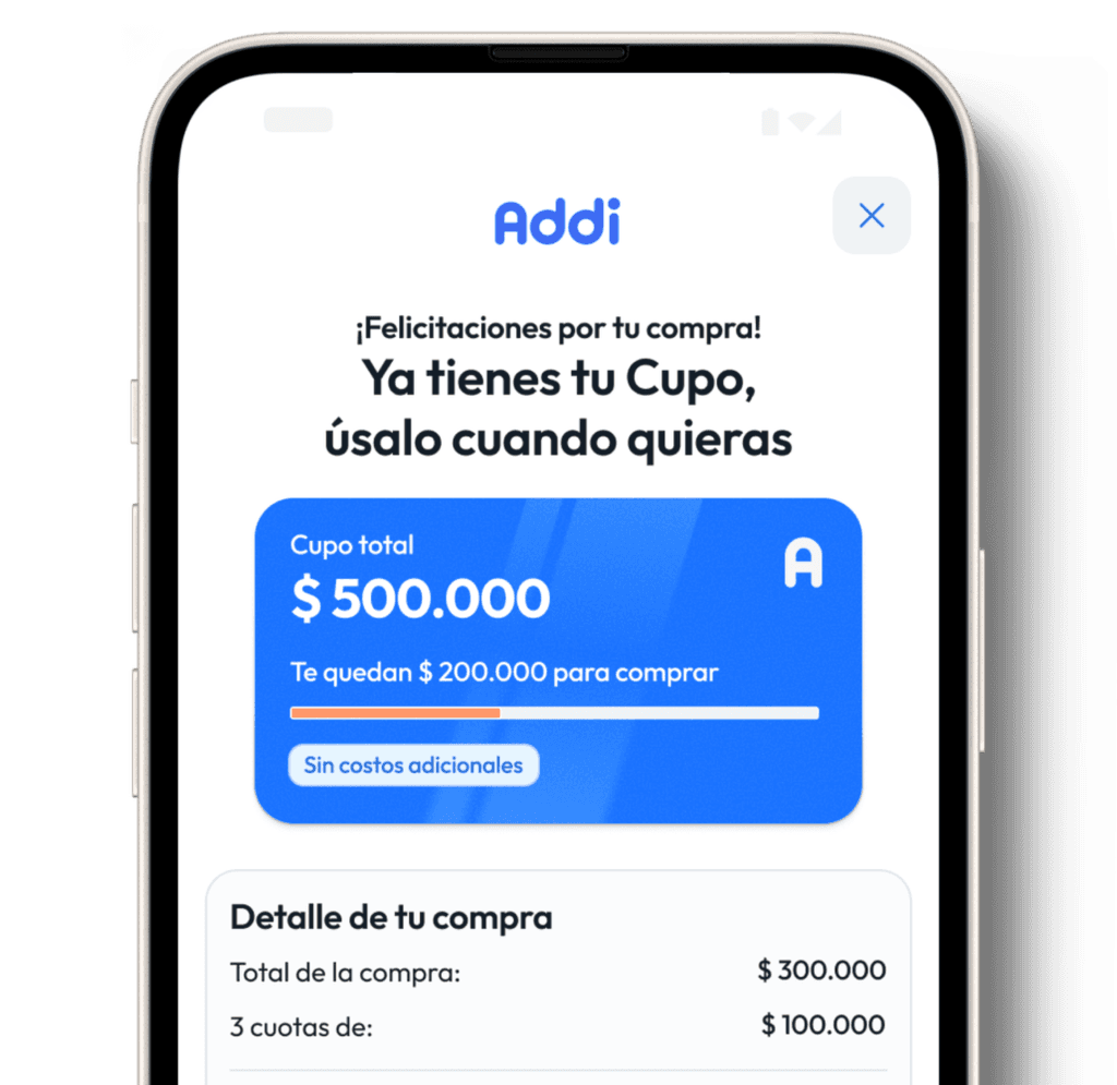 Pantalla de confirmación en la app de Addi mostrando el cupo de crédito disponible del usuario, con texto destacado y botón de continuar.