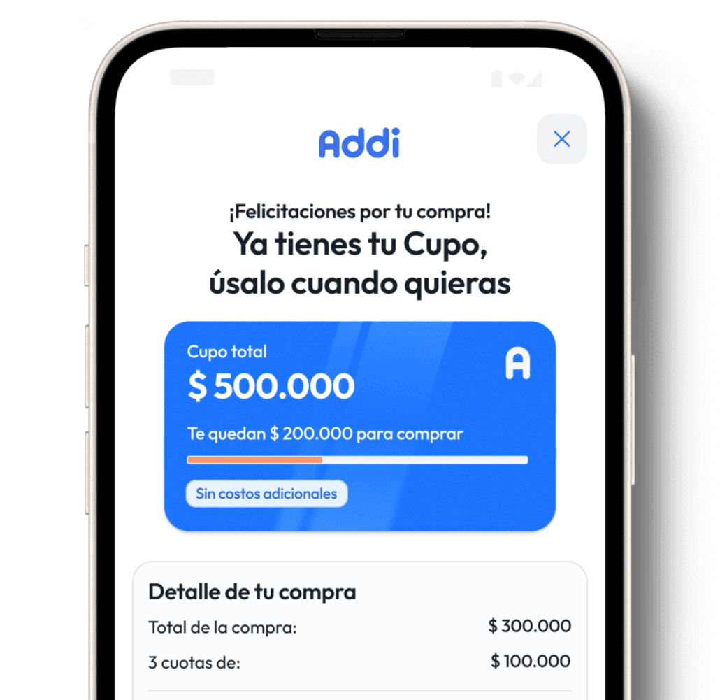 Pantalla de confirmación en la app de Addi mostrando el cupo de crédito disponible del usuario, con texto destacado y botón de continuar.