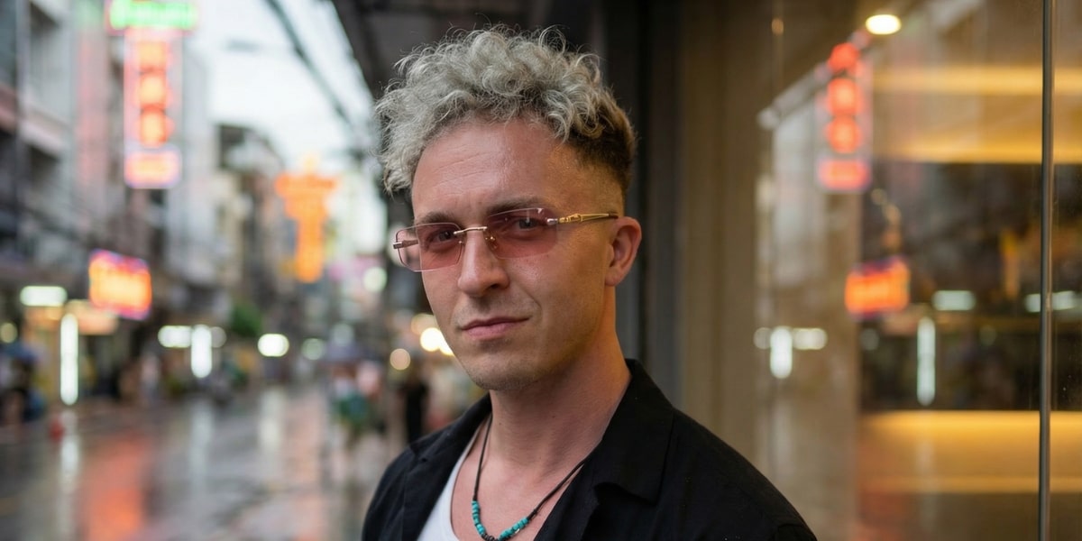 Yasin Borry, a Belgian DJ and producer, standing outdoors, with a backdrop of neon lights in a city setting.