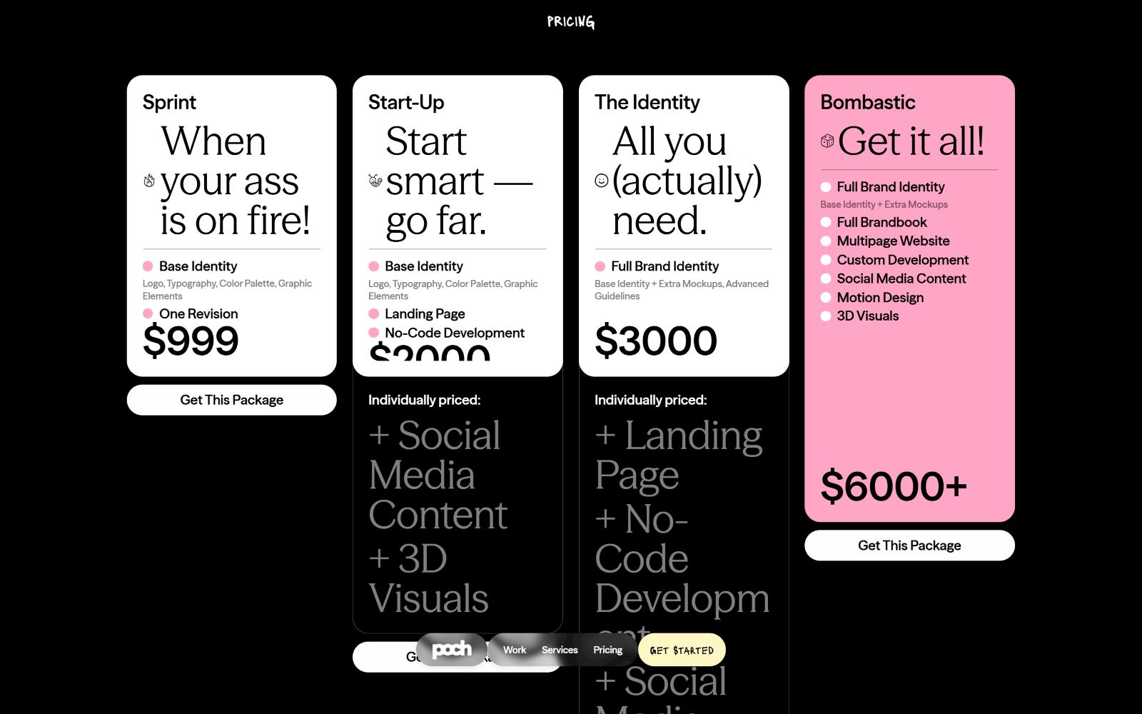 Pricing plan comparison with four columns: Sprint, Start-Up, The Identity, Bombastic, each listing features and prices.