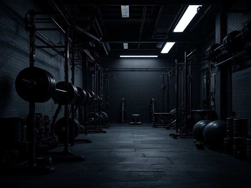 Dark gym interior with weightlifting equipment