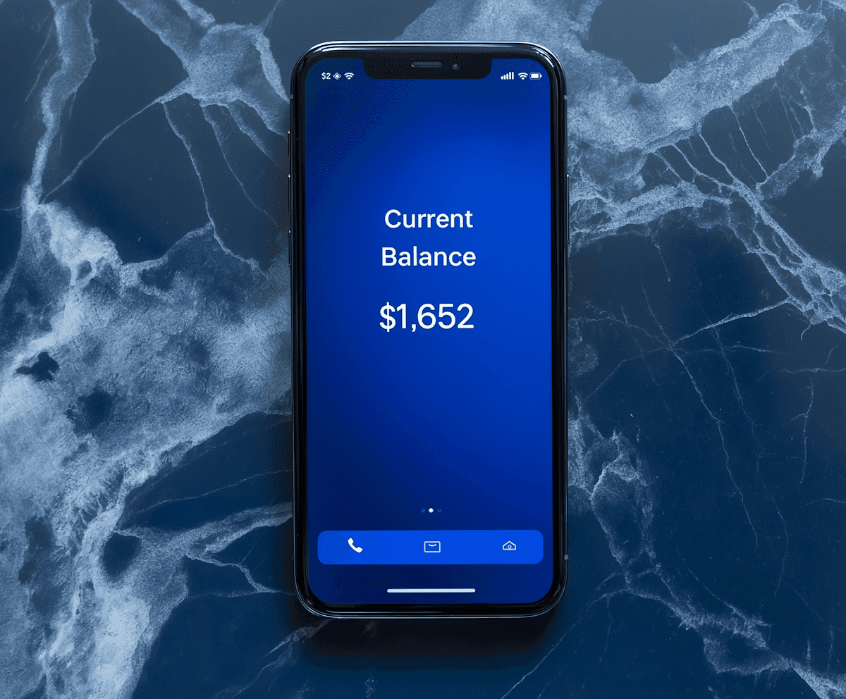 A smartphone displaying a blue screen with the text "Current Balance 1,652," placed on a dark, marbled surface.