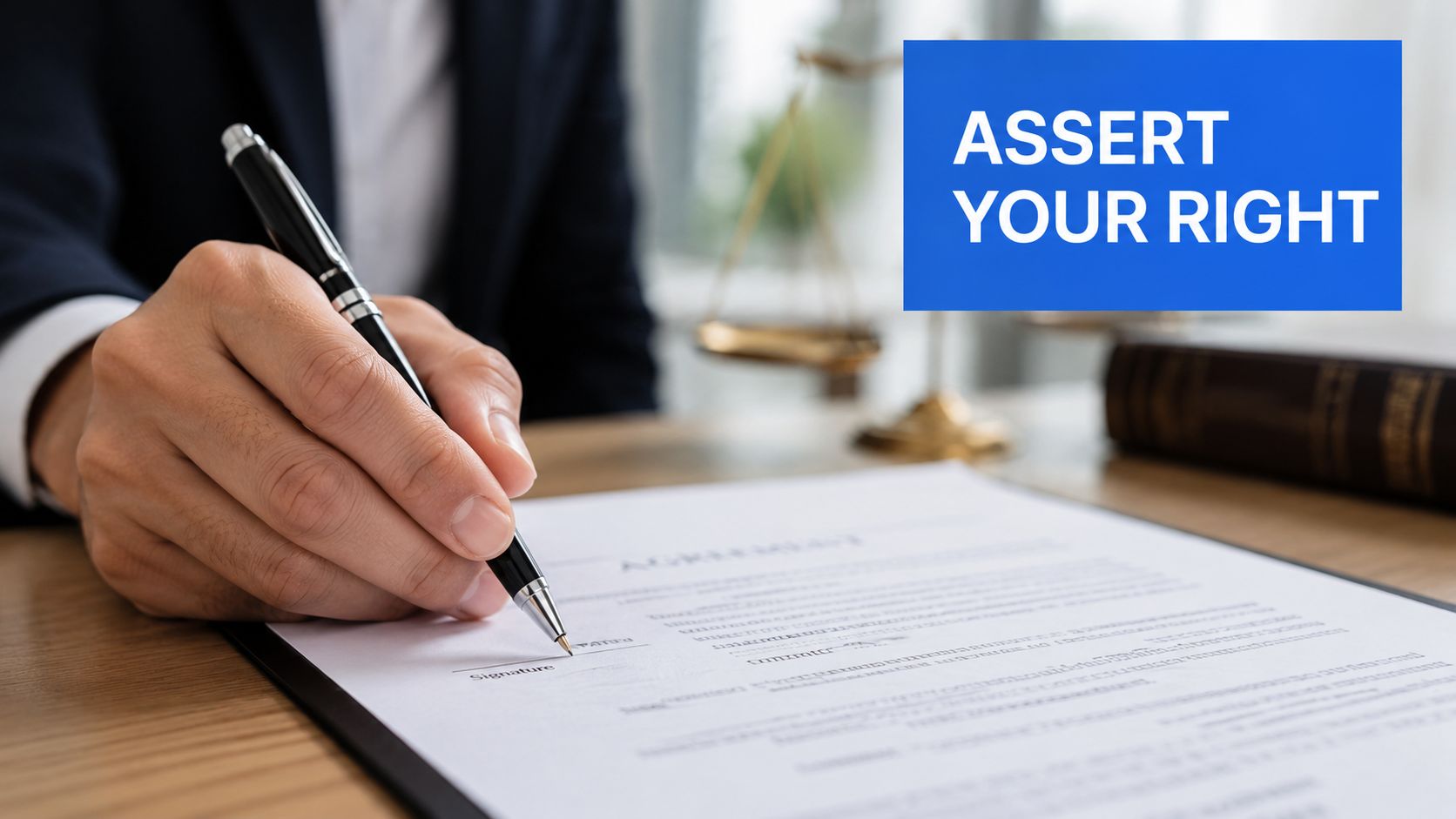 A professional in a suit signing a legal agreement on a wooden desk near a scale of justice.