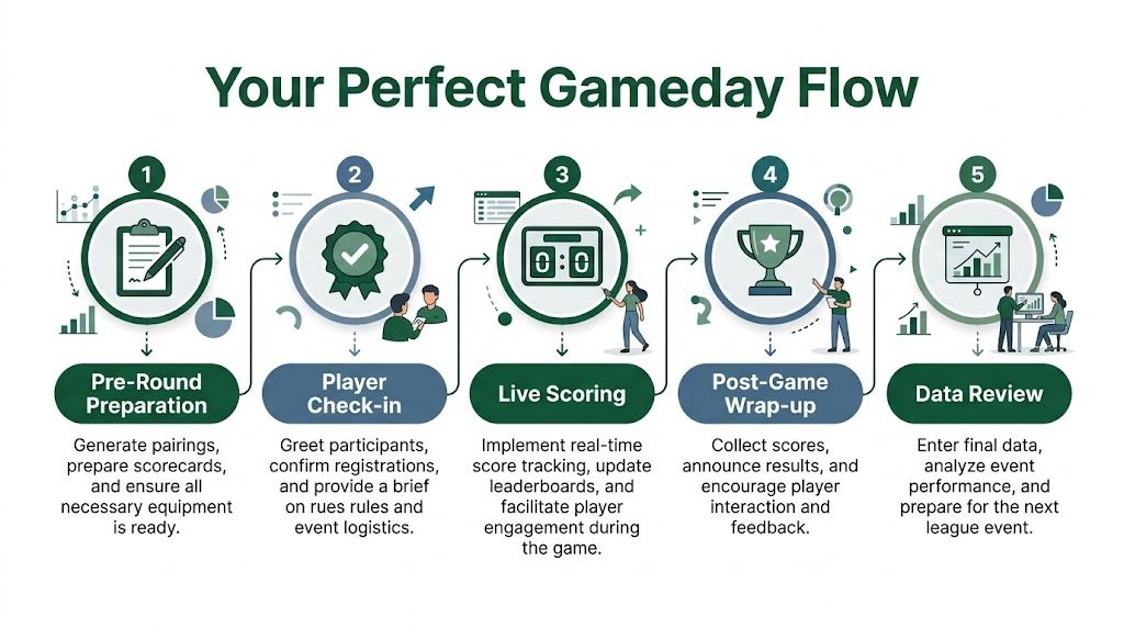 A flowchart infographic titled Your Perfect Gameday Flow illustrating five key steps for managing a sports event.