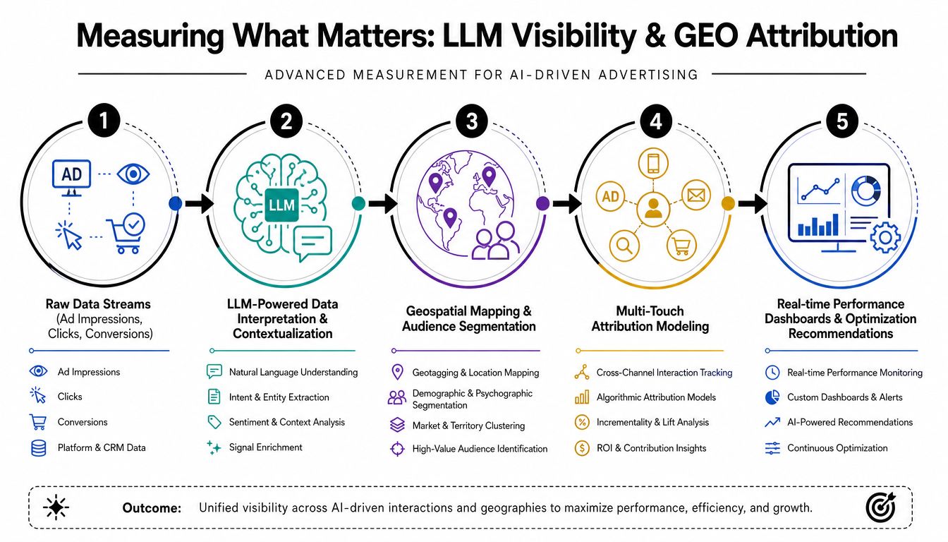 A five-step infographic showing the process of AI-driven advertising measurement, from raw data to real-time performance dashboards.
