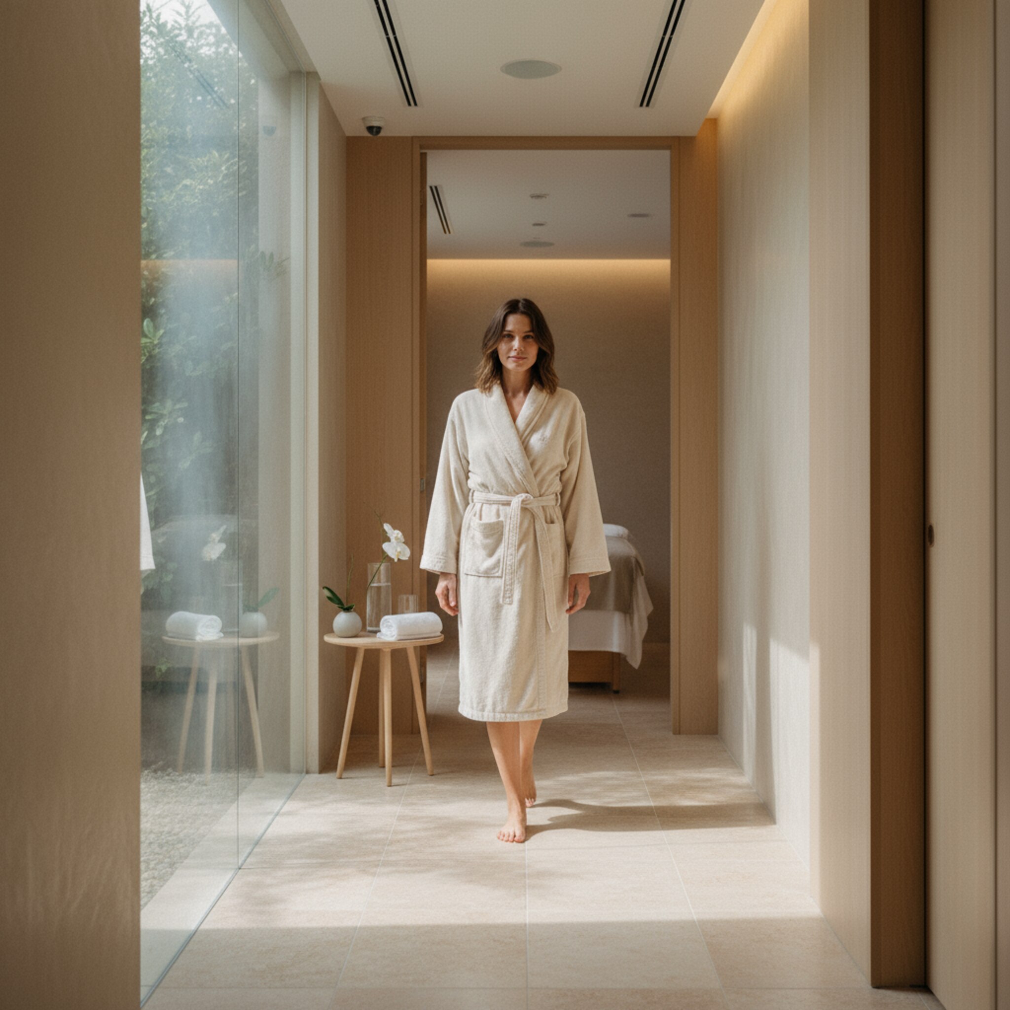 Eine Gästin betritt in Bademantel einen hellen Gang, an dessen Ende ein ruhiger Behandlungsraum wartet. Auf einem Beistelltisch liegen Wasser, ein kleines Tuch und eine dezente Blume. Die Szene wirkt fließend, organisiert und entspannt vorbereitet.