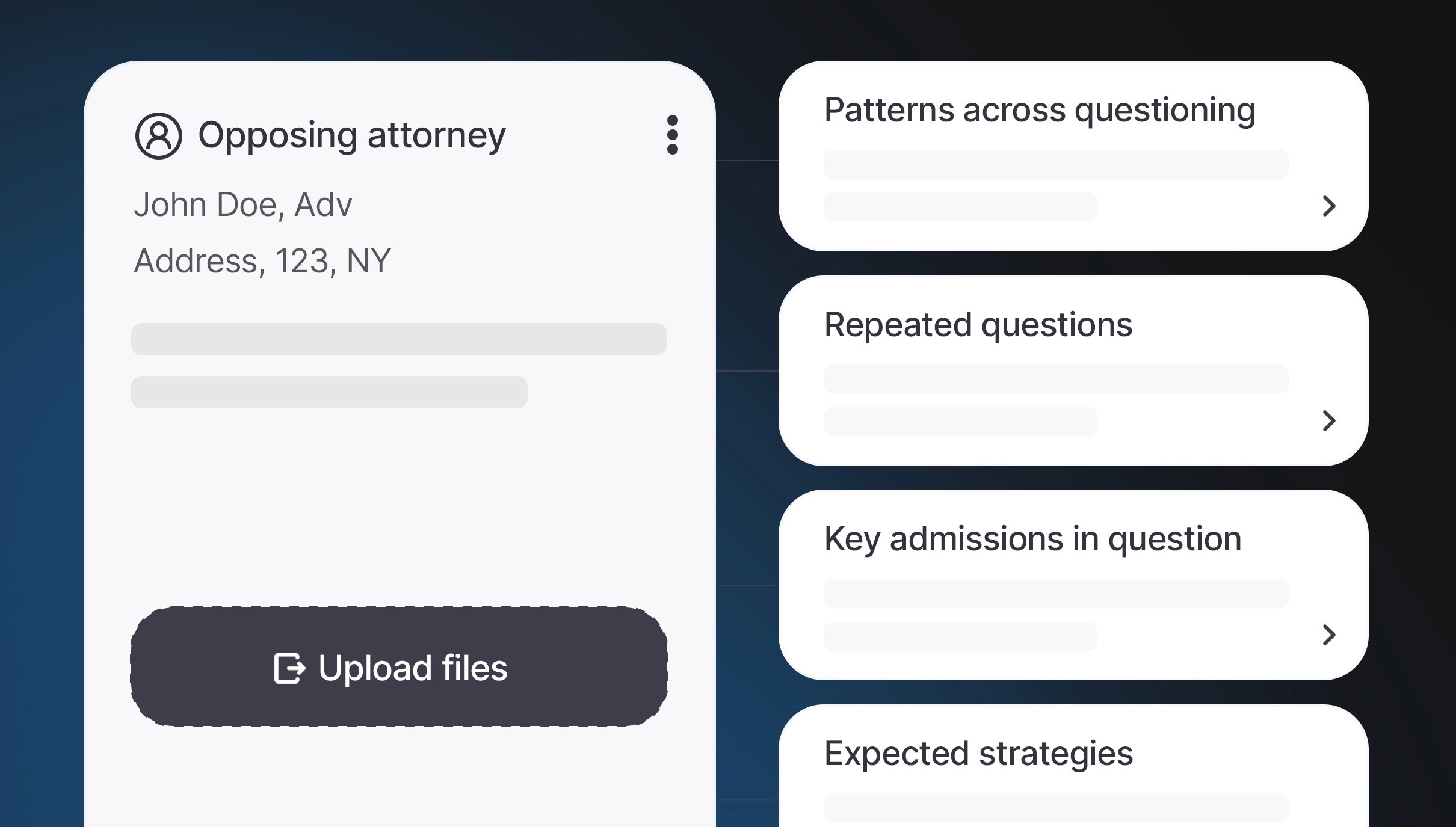 Deposition preparation dashboard analyzing opposing counsel questioning patterns, repeated questions, key admissions, and expected strategies