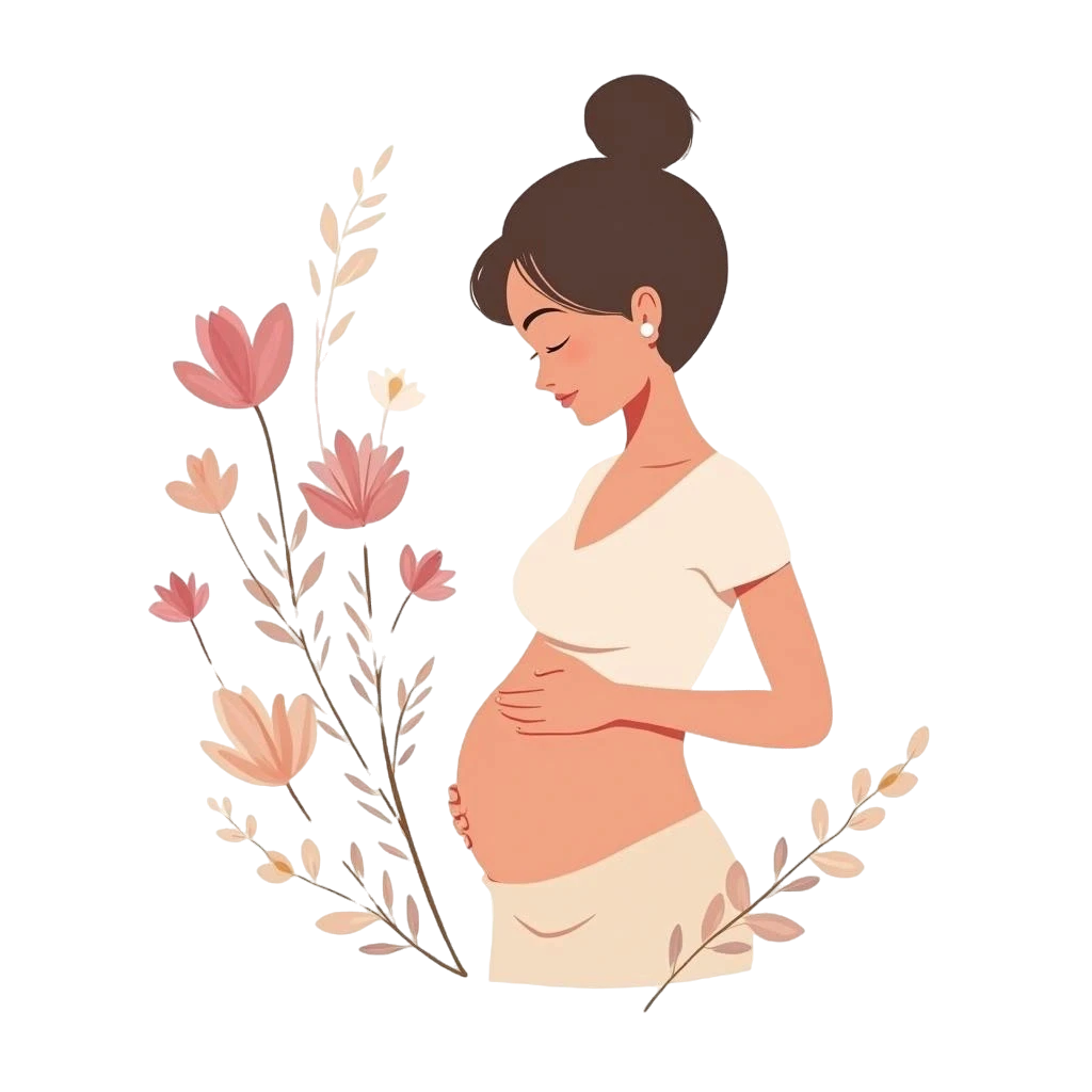Minimalistische Vektor Ilustration einer schwangeren Frau, umgeben von floralen Elementen – symbolisiert Empathie und Fürsorge in der Pränataldiagnostik