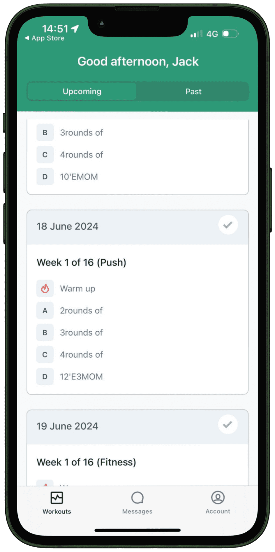 Photo of PT application showing examples of workout schedules