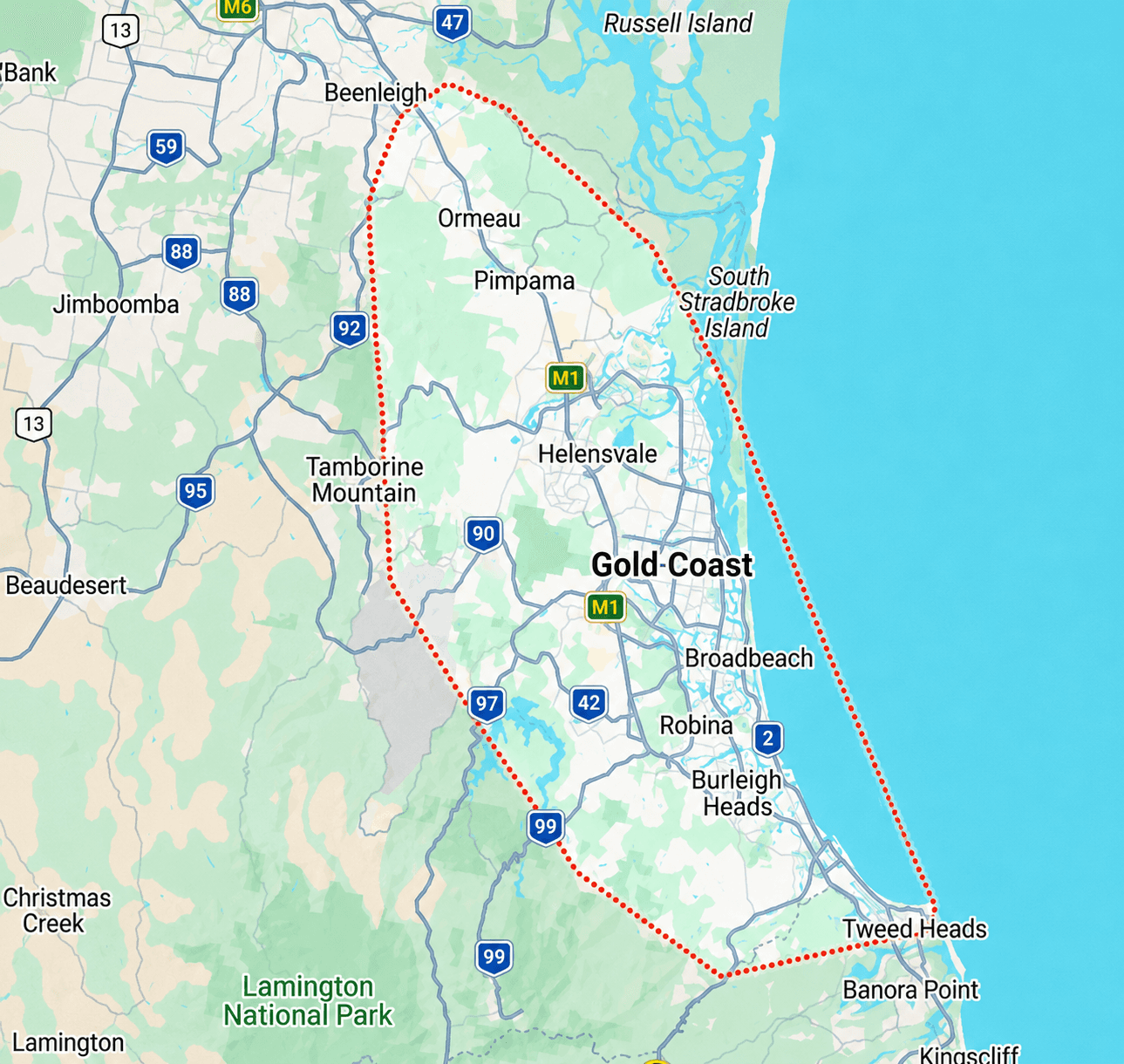 Hepburn Property Maintenance service area map Gold Coast covering Helensvale Broadbeach Robina Burleigh Heads and surrounding suburbs