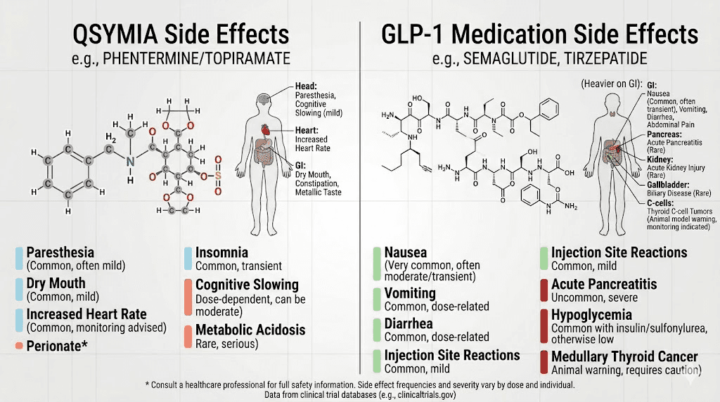Qsymia versus GLP-1 side effects comparison infographic