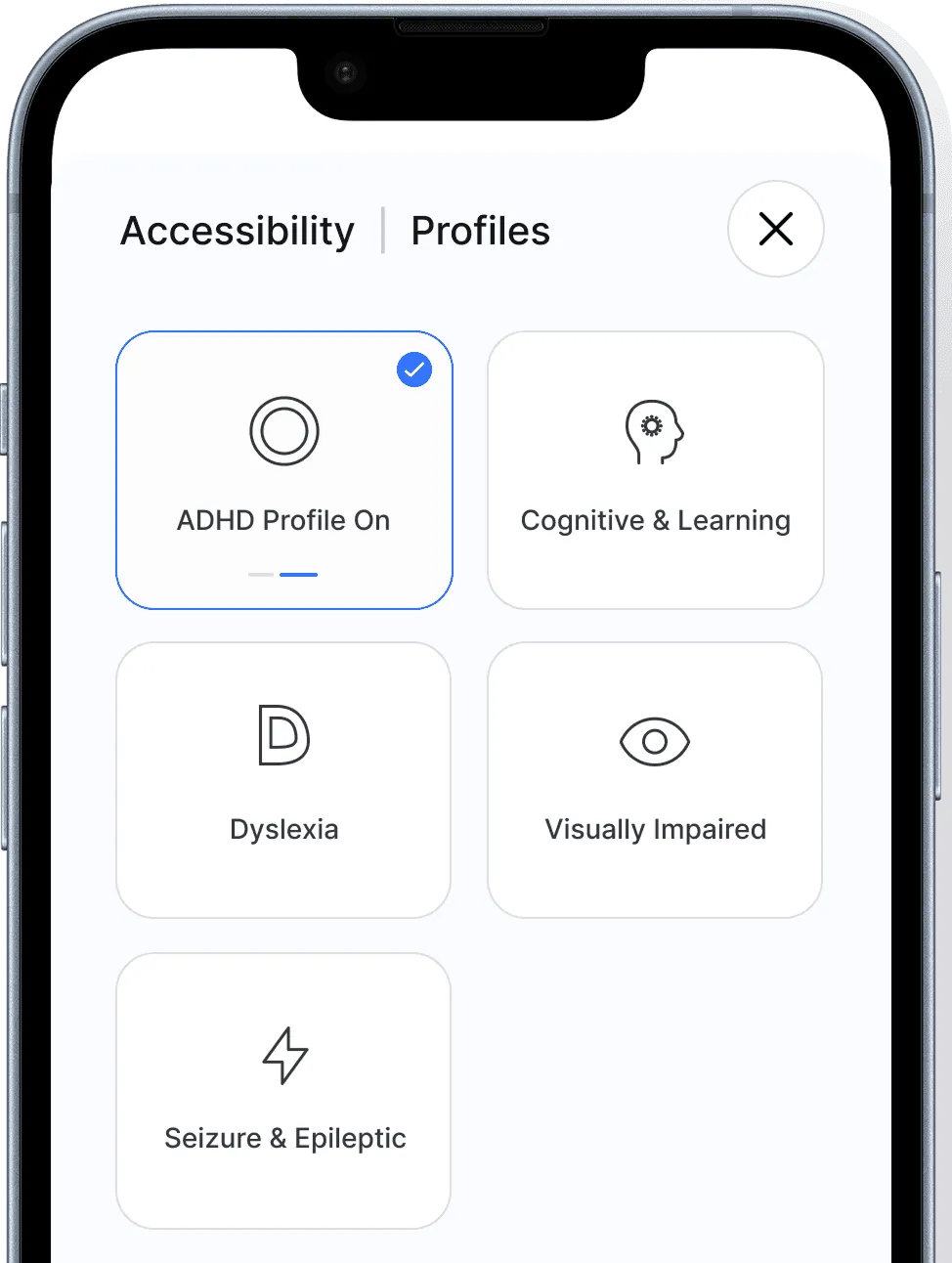 Mobile phone showing Accessibility Profiles screen of the Adjustable toolbar
