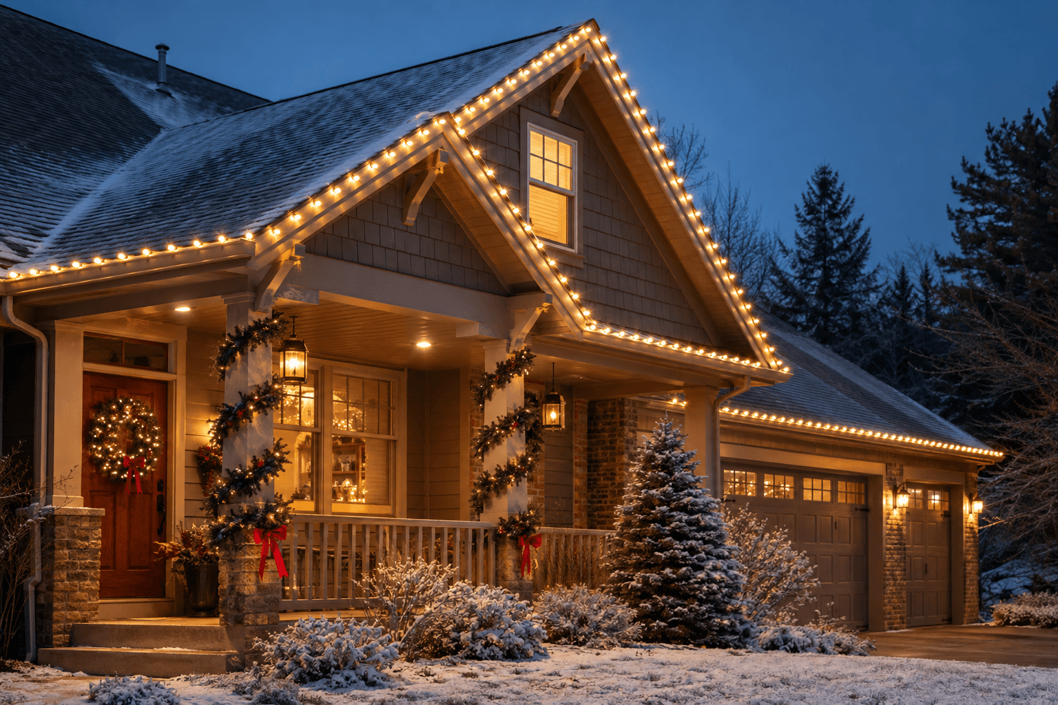 Elegant home exterior illuminated with classic Christmas lights