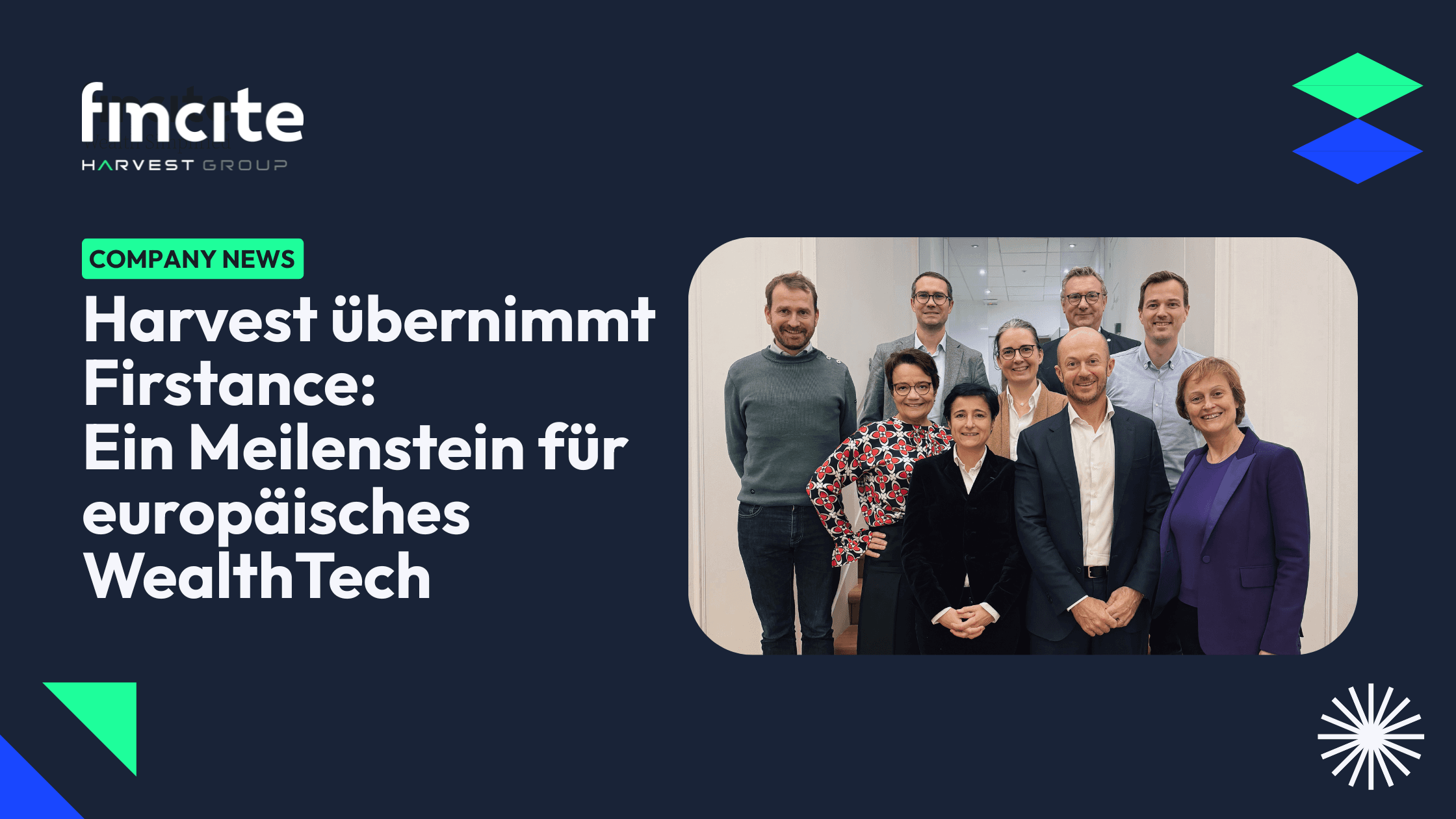 Foto (von links nach rechts): Quentin Michon, CFO Harvest; Sonia Fendler, stellvertretende Geschäftsführerin Harvest Frankreich; Yannick Raynard, CTO Harvest; Virginie Fauvel, CEO Harvest; Alix de Carné, CHRO Harvest; Massimiliano Merlo, CEO Firstance; Vincent Lascoux, COO Harvest; Ralf Heim, Gründer & Co-CEO fincite; Delphine Asseraf, stellvertretende CEO Harvest