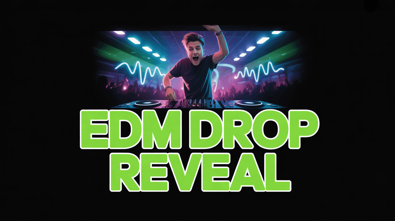 EDM Drop Reveal Thumbnail Template, featuring an electrified DJ jumping behind decks with bass wave holograms and crowd lights
