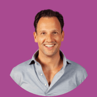 Smiling young man with short, curly hair, wearing a dark top, against a light background in a circular frame.