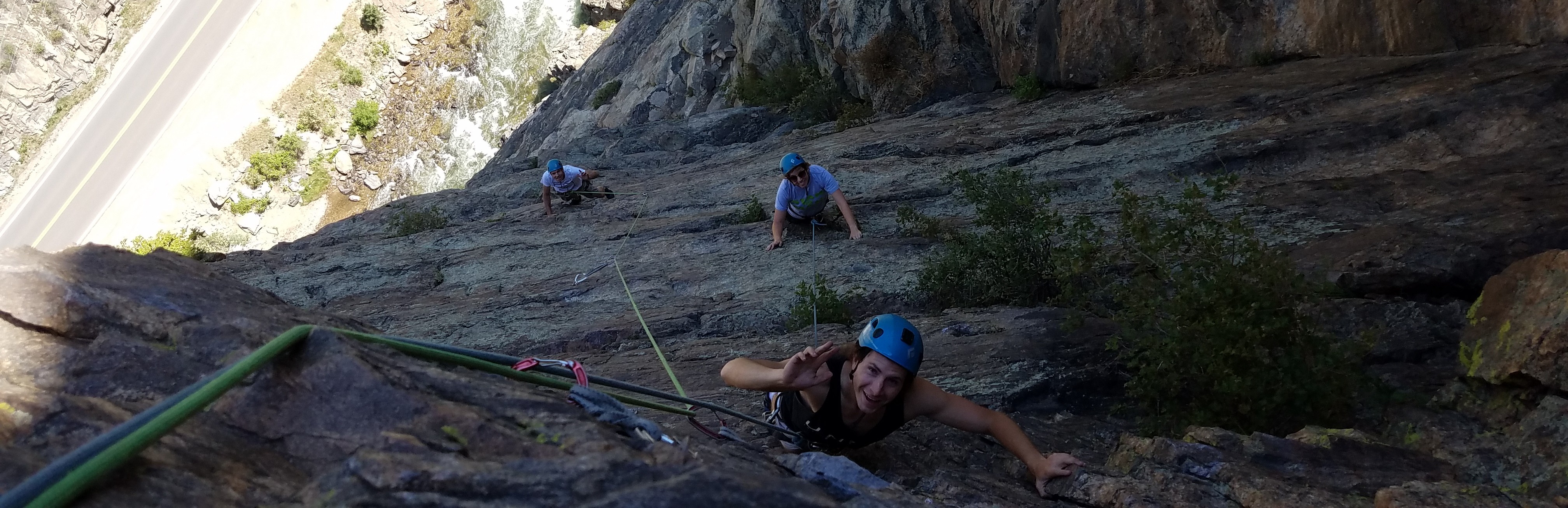 Climbers near top of Playin Hooky in Clear Creek