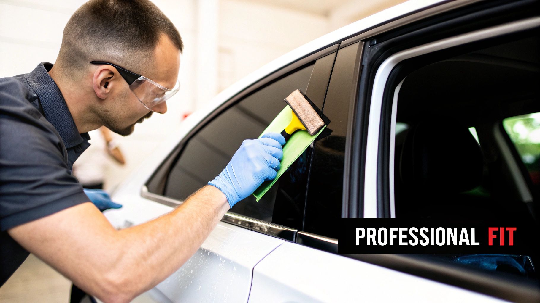 A professional technician carefully applies dark window tint to a white car's side window with a squeegee.