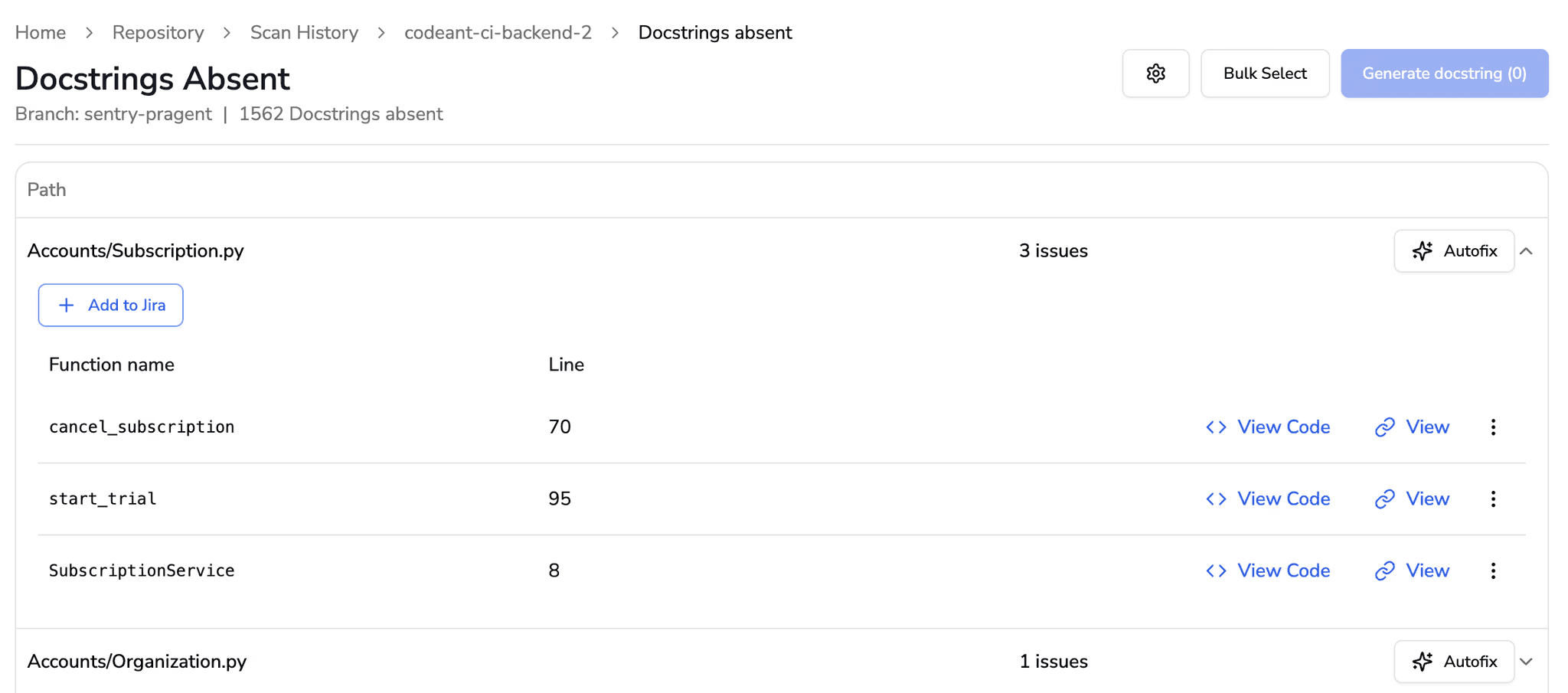 Code scan report showing missing docstrings and unused Python methods with autofix options and dead code listings in CodeAnt AI.
