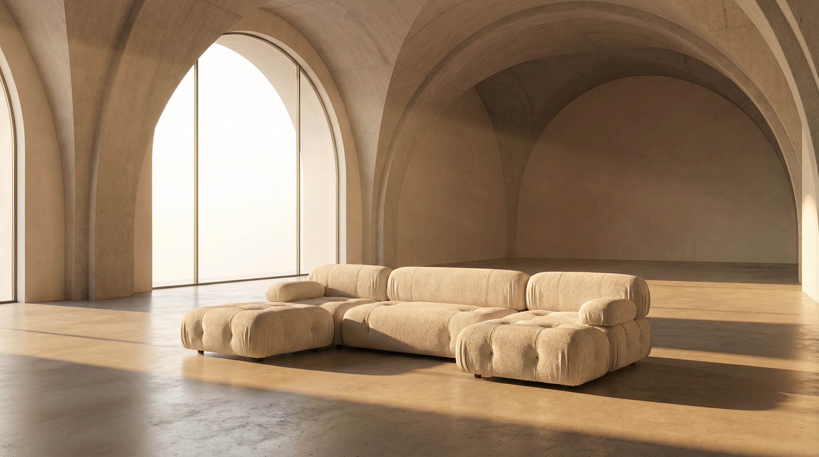 a beige sofa in a big environment