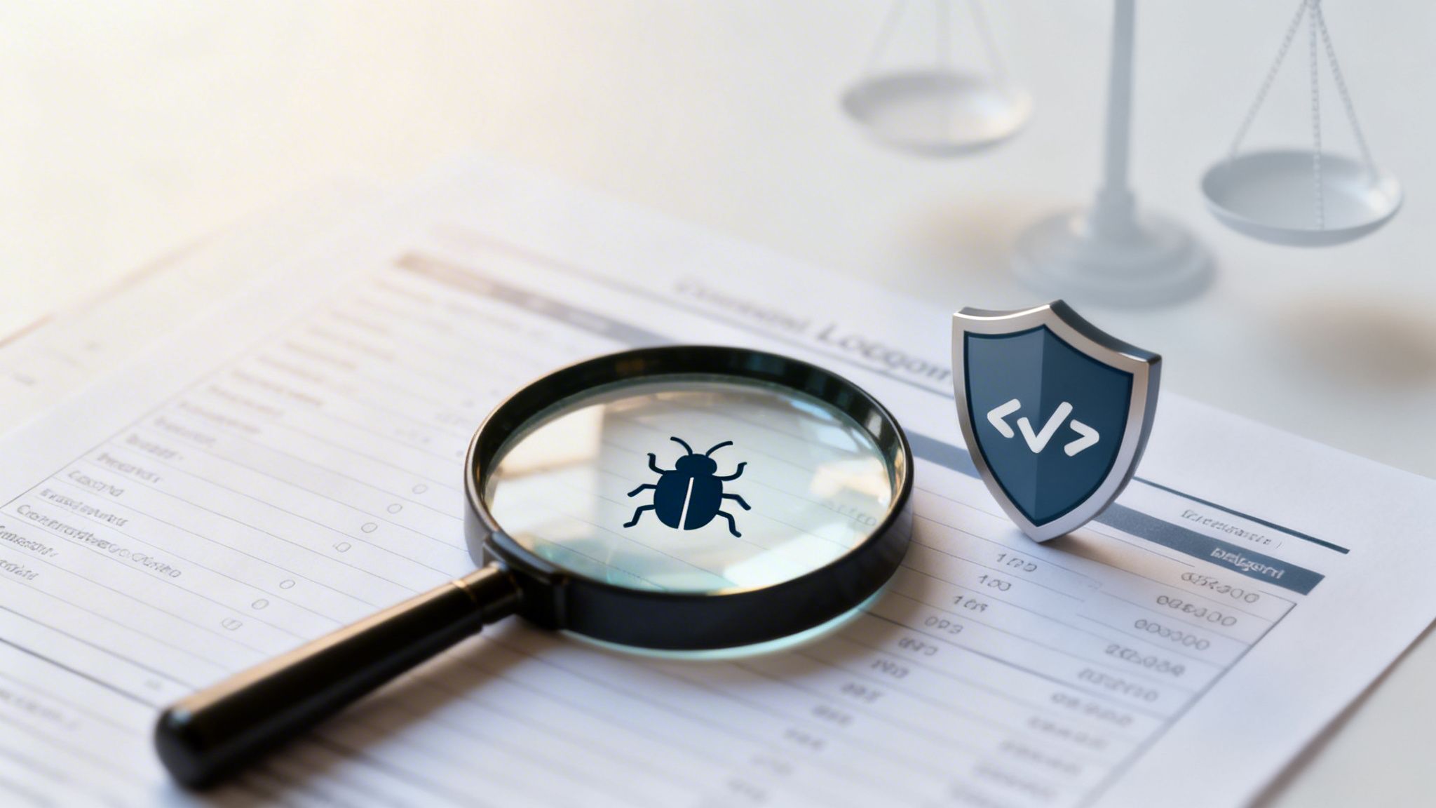 Magnifying glass with a bug icon on a document, next to a code security shield and scales of justice.