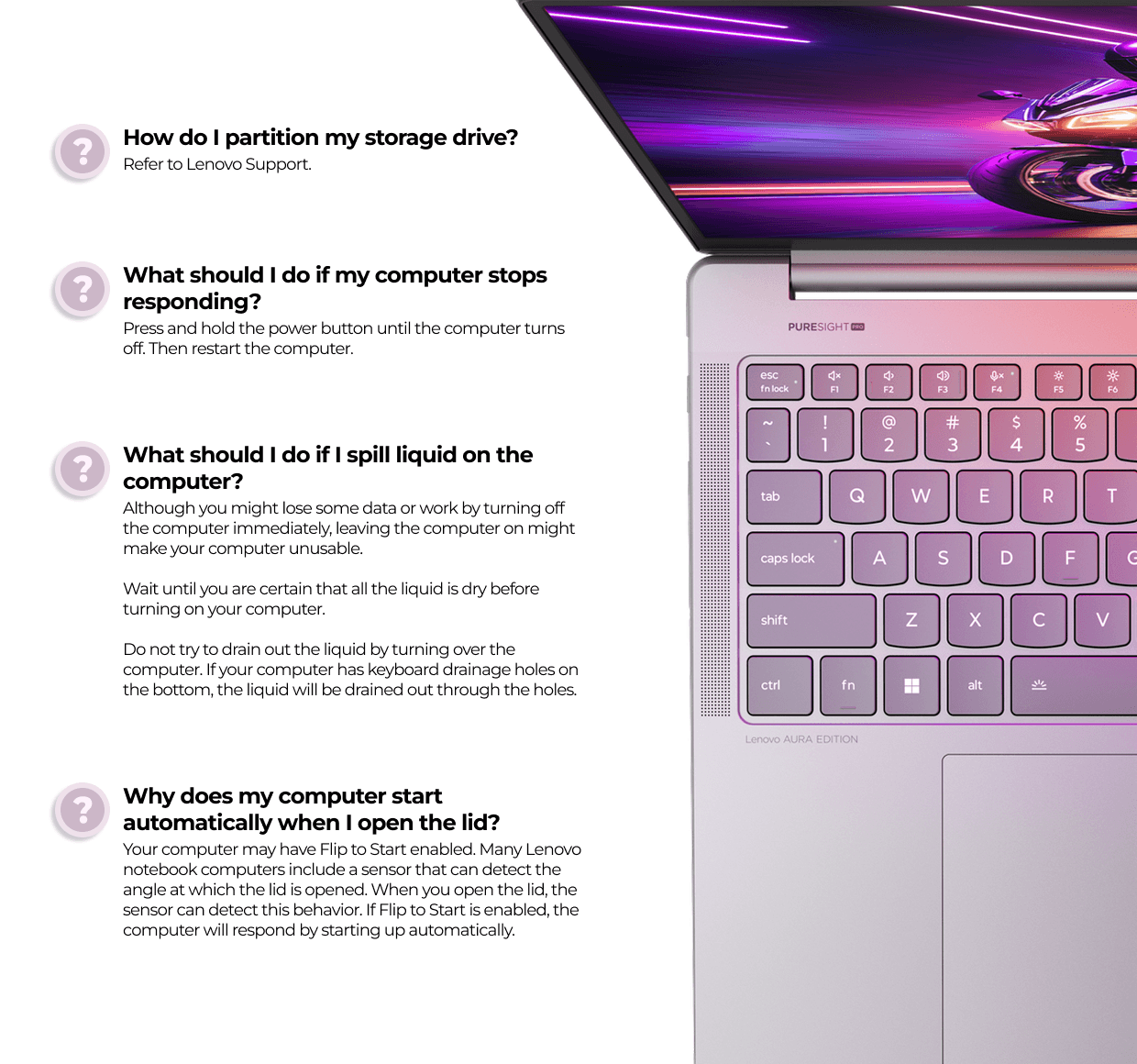 FAQ section beside a close-up of a purple laptop keyboard
