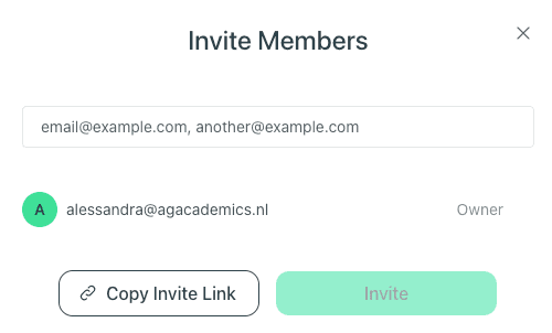 Invite Members modal in thesify showing email entry, copy invite link, and invite controls for co-author collaboration.