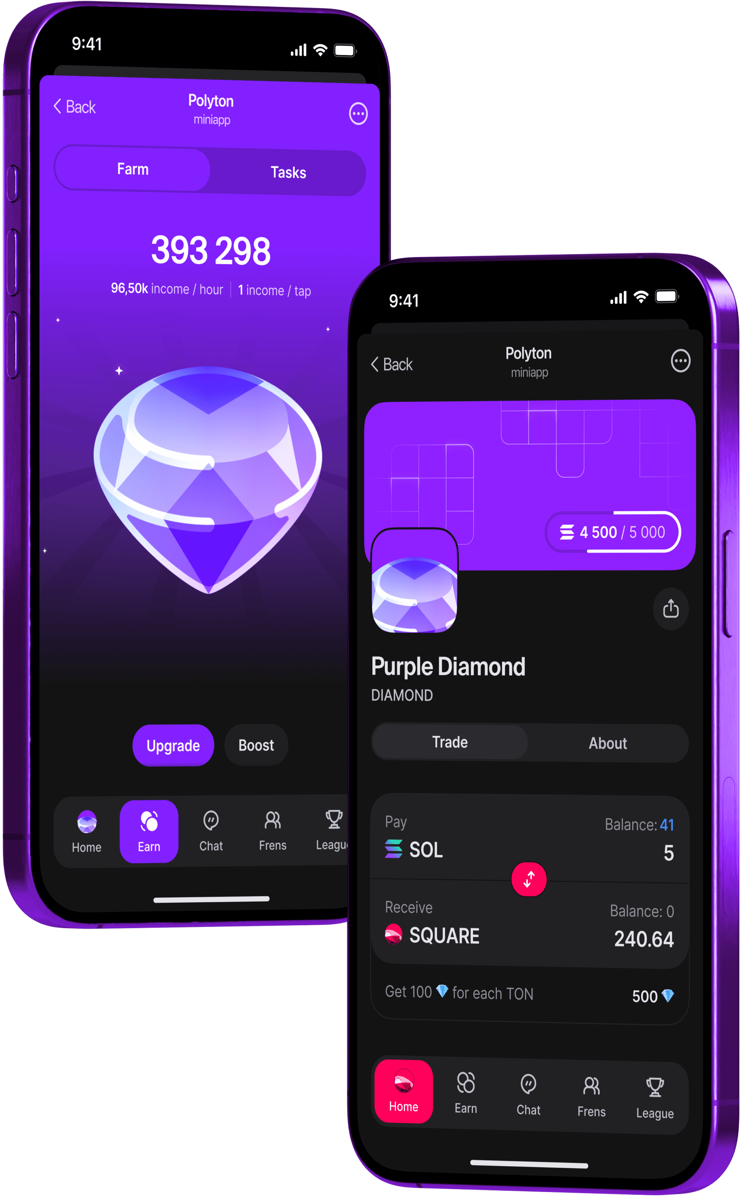 Two purple mobile app screens displaying a large diamond icon, user income information, and purchase progress. One screen shows the total income, while the other provides details about the 'Purple Diamond'