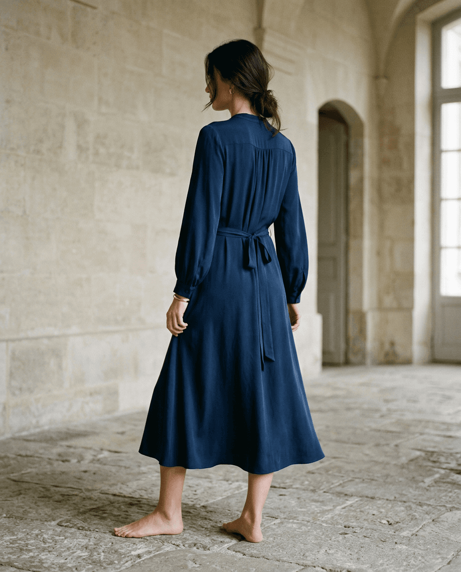 Navy Silk Midi Dress — Deep Navy — full