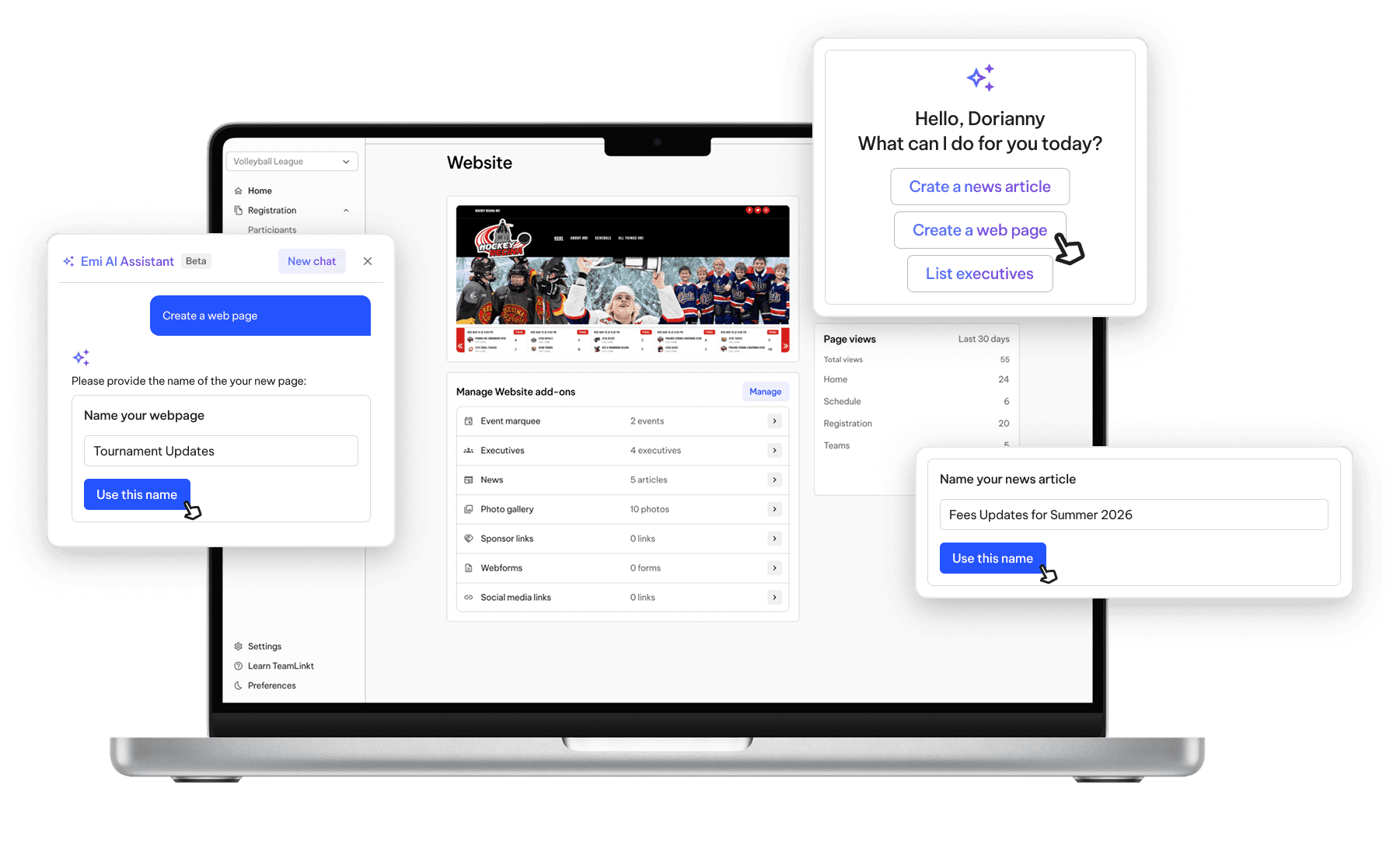 TeamLinkt's Hockey Website Builder with Emi AI Assistant Tool