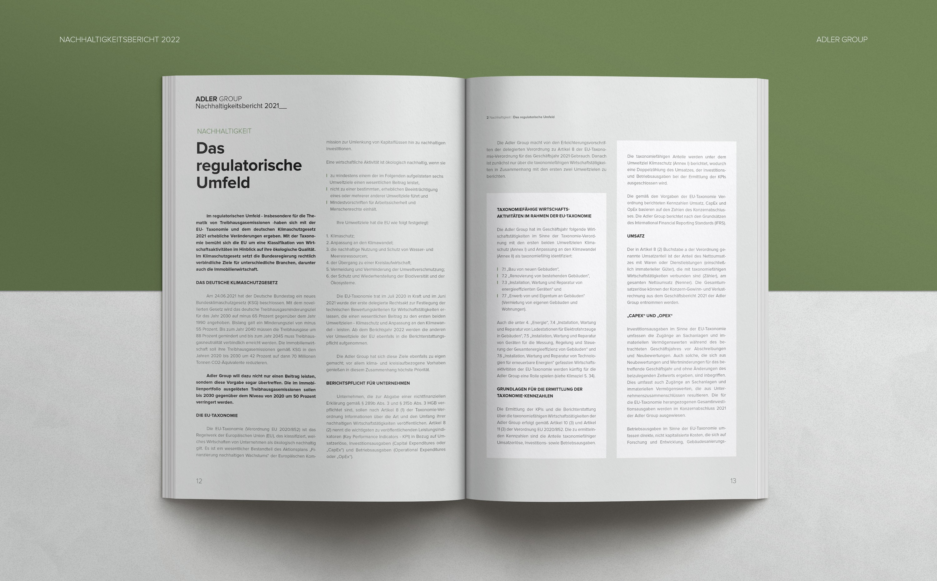 Doppelseite aus dem Nachhaltigkeitsbericht der Adler Group – reduziertes, typografisch fein abgestimmtes Layout