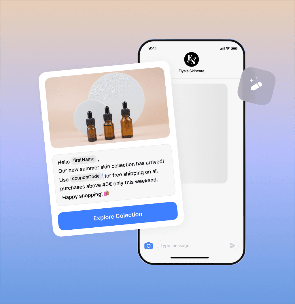 Personalized message promoting a summer skincare collection with a free shipping offer, displayed in a mobile messaging interface.