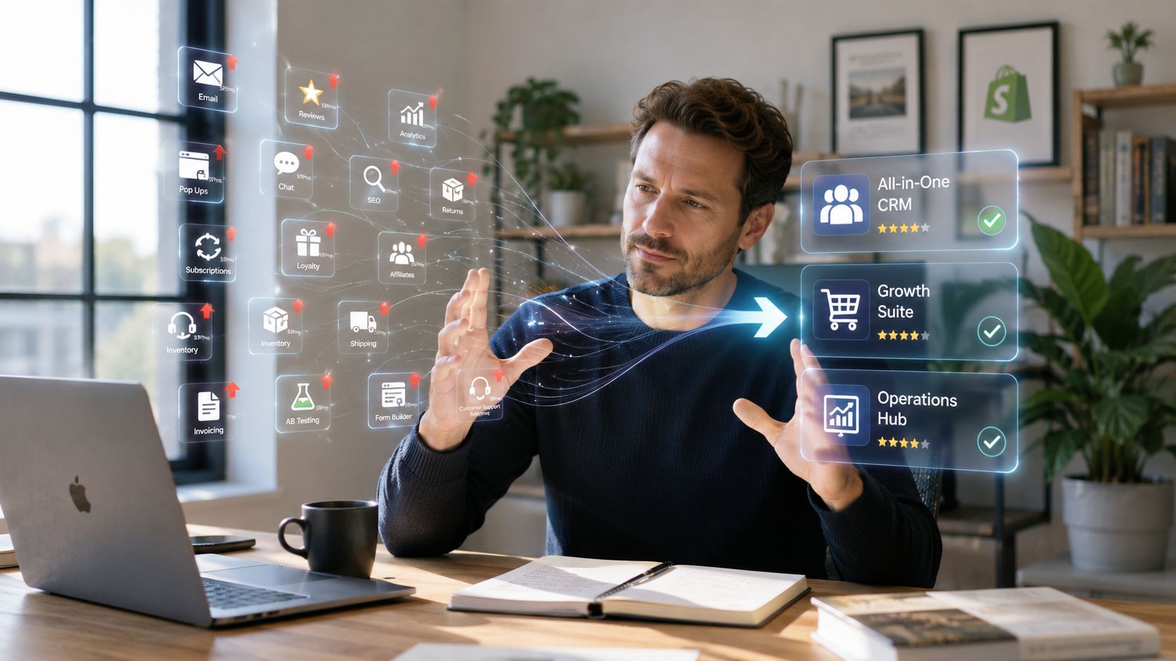 A man interacting with a digital interface visualizing a Shopify app ecosystem for business growth and operations.